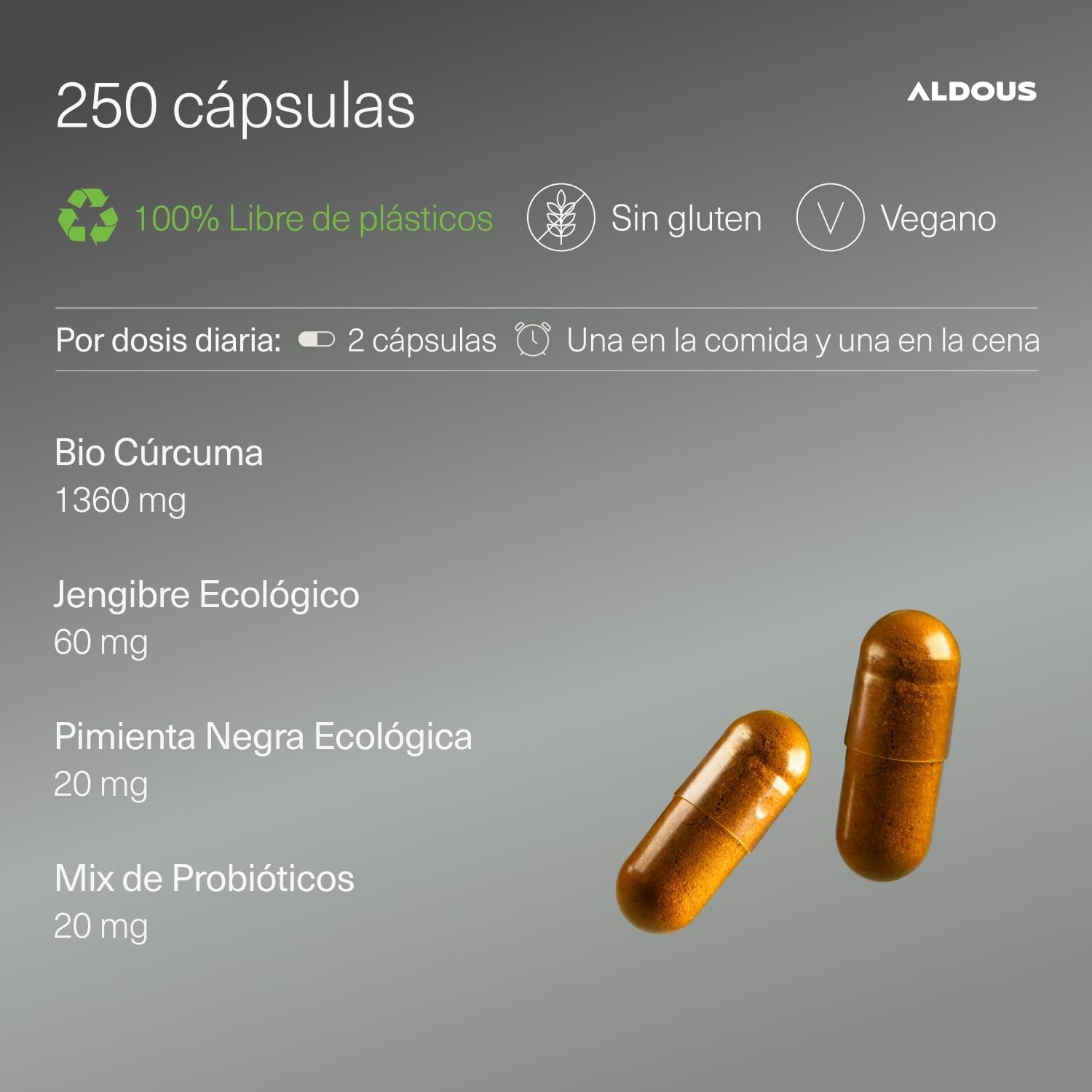 Detalle de Curcuma con Jengibre y Pimienta Negra PROBIÓTICOS de Aldous Bio – 250 cápsulas