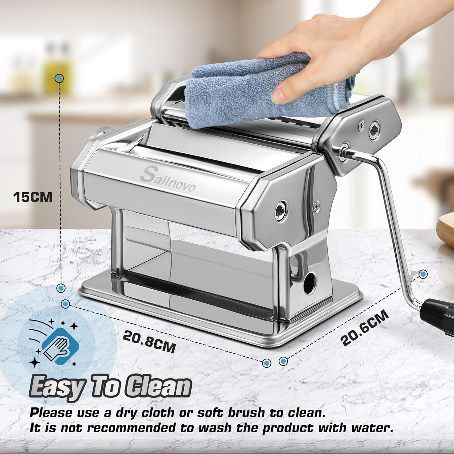 Detalle de Sailnovo 3 in 1 Pasta Maker Machine with 9 Thickness Settings and 2 Width Cutters (Aluminum & Stainless Steel)