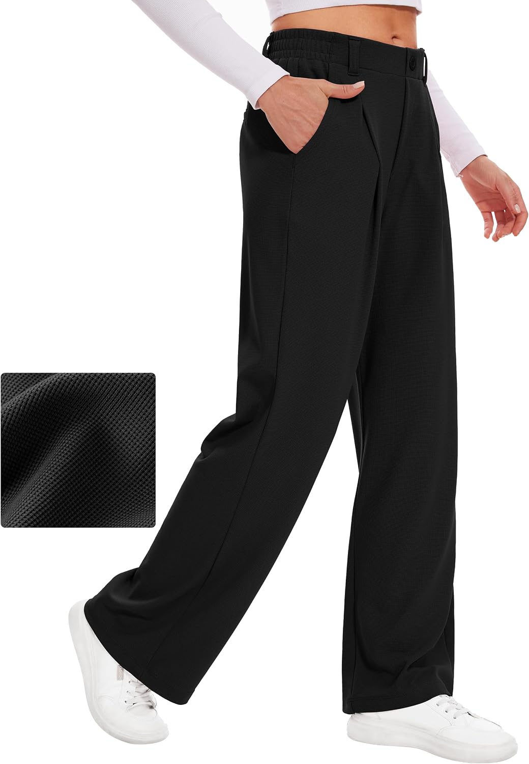 Detalle de Desol Waffel Lang Palazzo Hose für Damen mit Taschen – High Waist Sommerhose aus luftigem Stoff