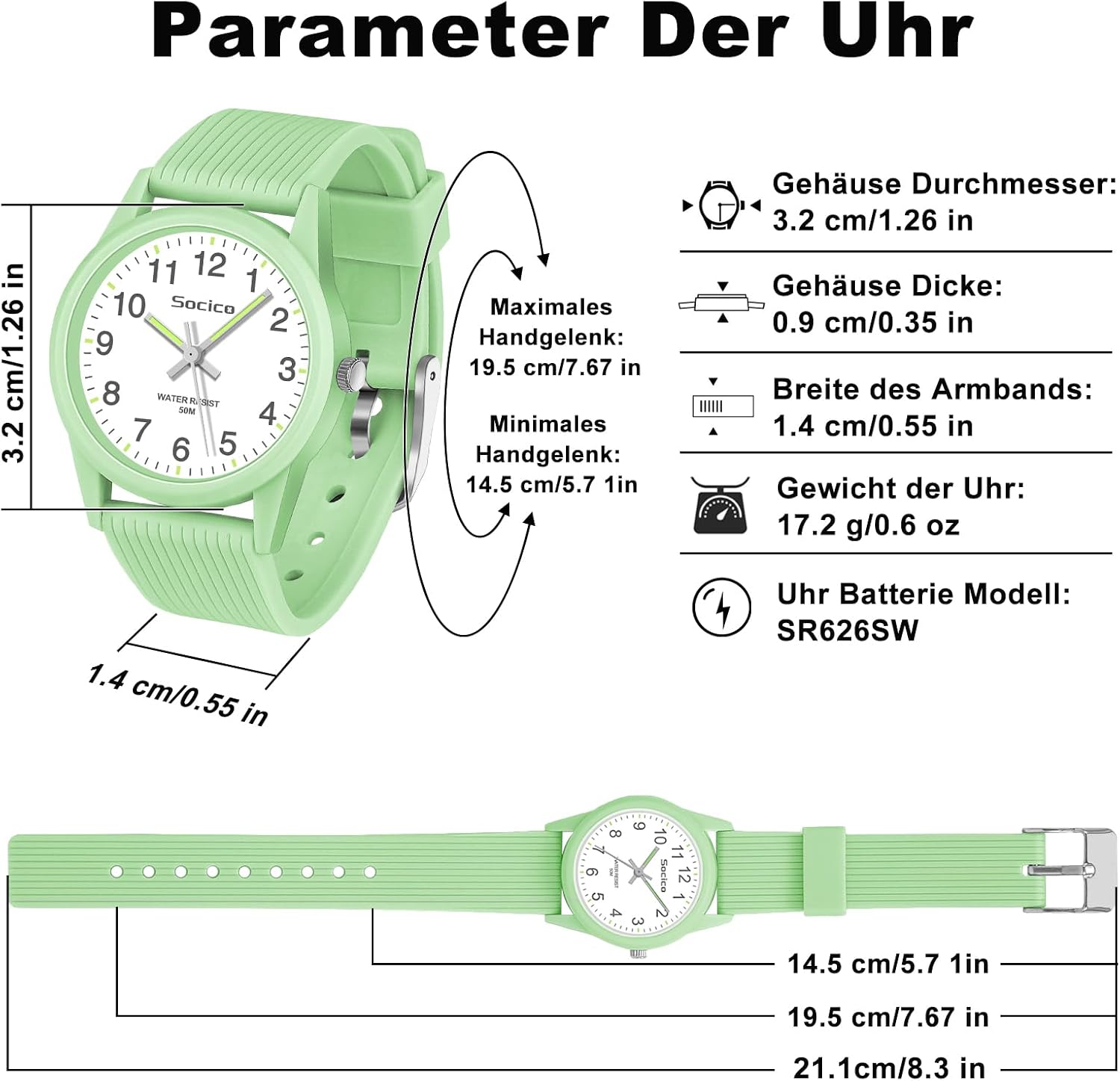 Thumbnail 6 de SOCICO Kinder Uhr Analog Grün – Lernuhr für 4–12 Jahre, wasserdicht bis 50 m, weiches Band