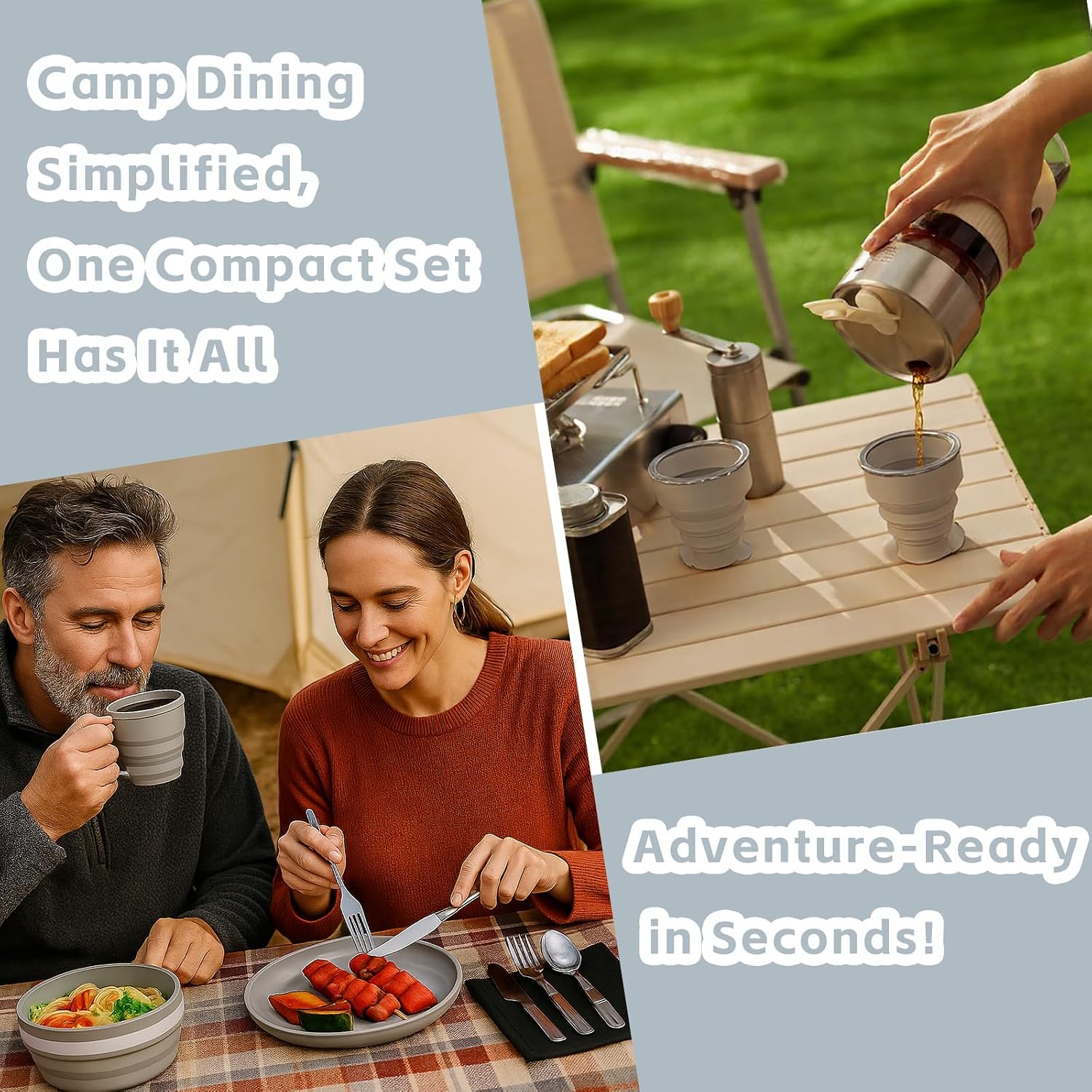 Detalle de 6 in 1 Foldable Camping Mess Kit with Stainless Steel Cutlery – Portable Outdoor Dining Set