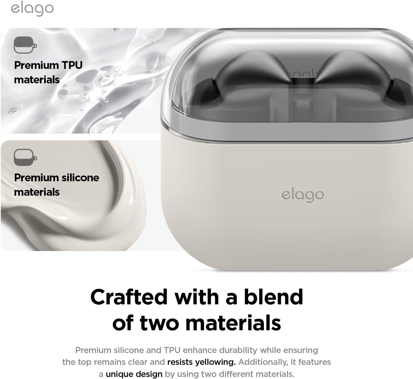 Detalle de elago Coque Duo en silicone premium + TPU pour Samsung Galaxy Buds 3 / 3 Pro / 3 FE (Stone) avec mousqueton