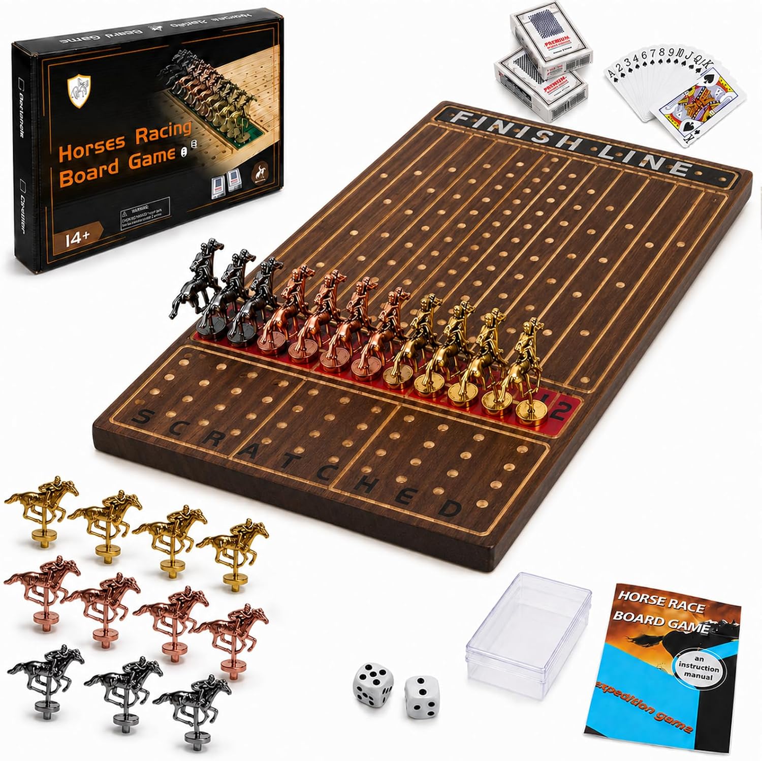 Detalle de Jyquorp Horse Race Board Game (Rustic Brown) with 11 Metal Horses, 2 Dice, and Card Boxes