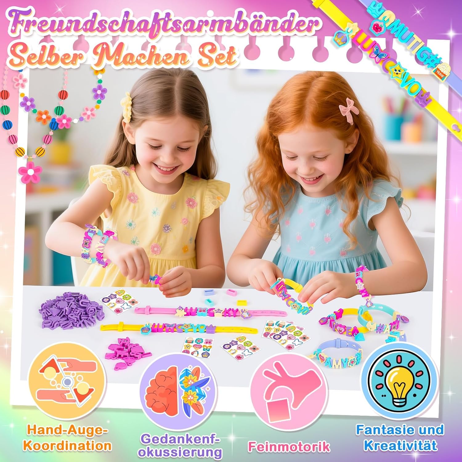 Detalle de Geschenk Mädchen 5–9 Jahre: Bastelset Freundschaftsarmbänder – Glitzer Armbänder Selber Machen