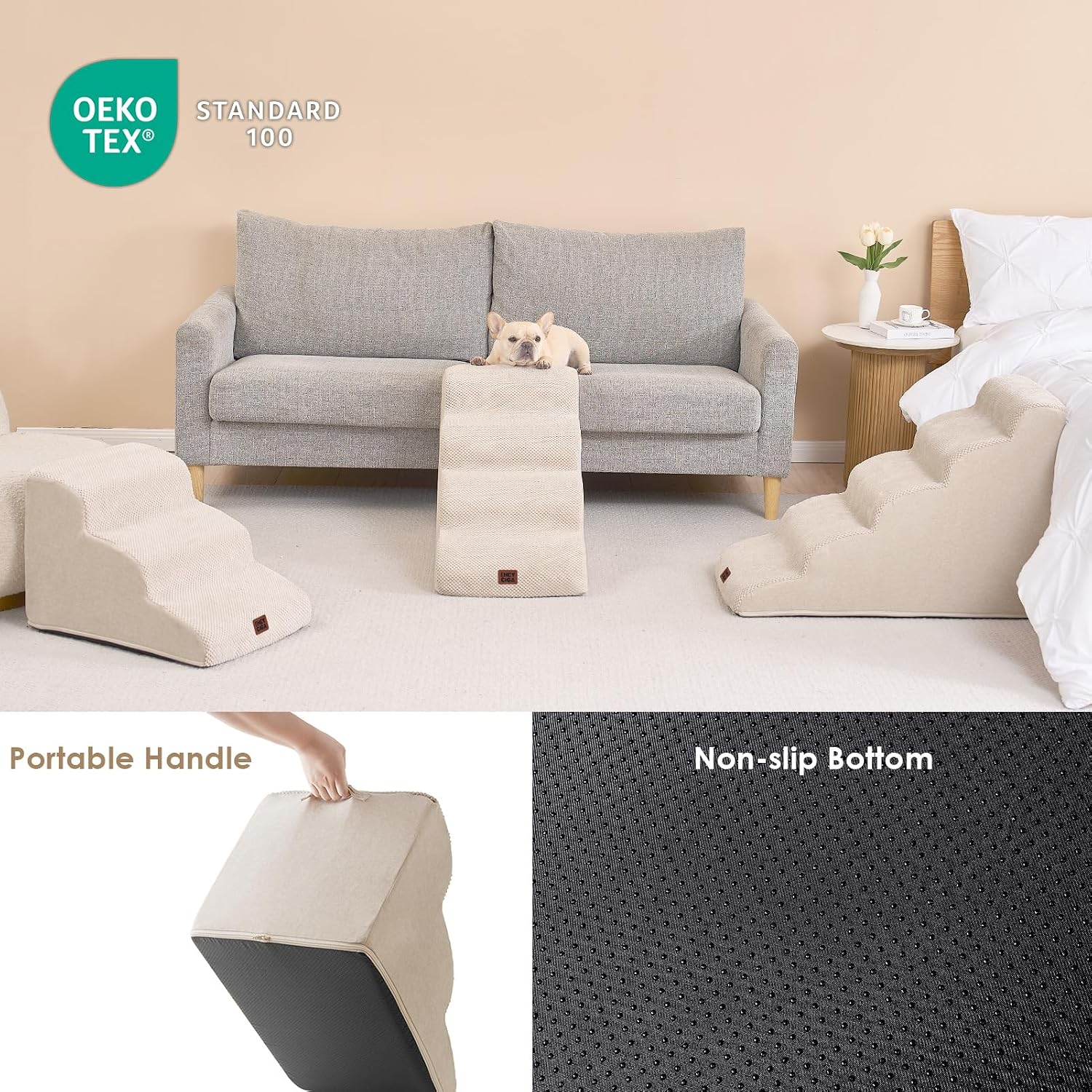 Detalle de EHEYCIGA Hundetreppe für kleine Hunde (4 Stufen, 50 cm hoch) – mit waschbarem Bezug, rutschfestem Boden, Beige