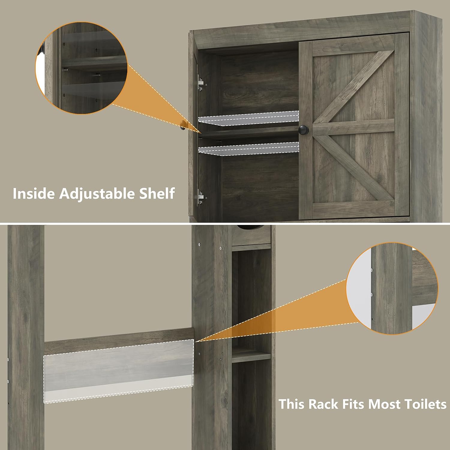 Detalle de Furnideco OT004-GR Over-the-Toilet Storage Cabinet with Barn Doors, 6 Shelves