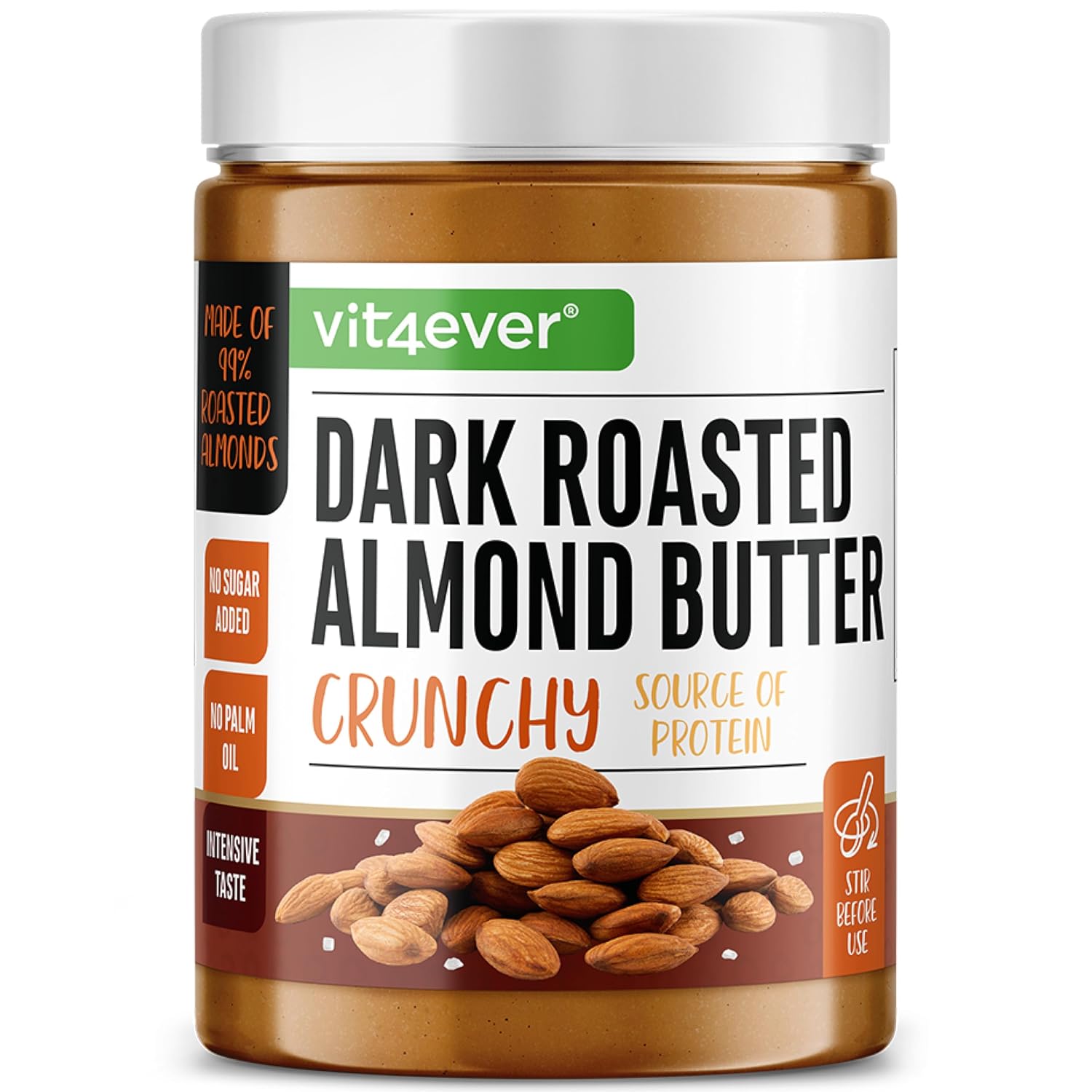 Vit4ever Mandelbutter Extra Crunchy 1 kg – Dark Roasted, 24% Protein, vegan, ohne Palmöl