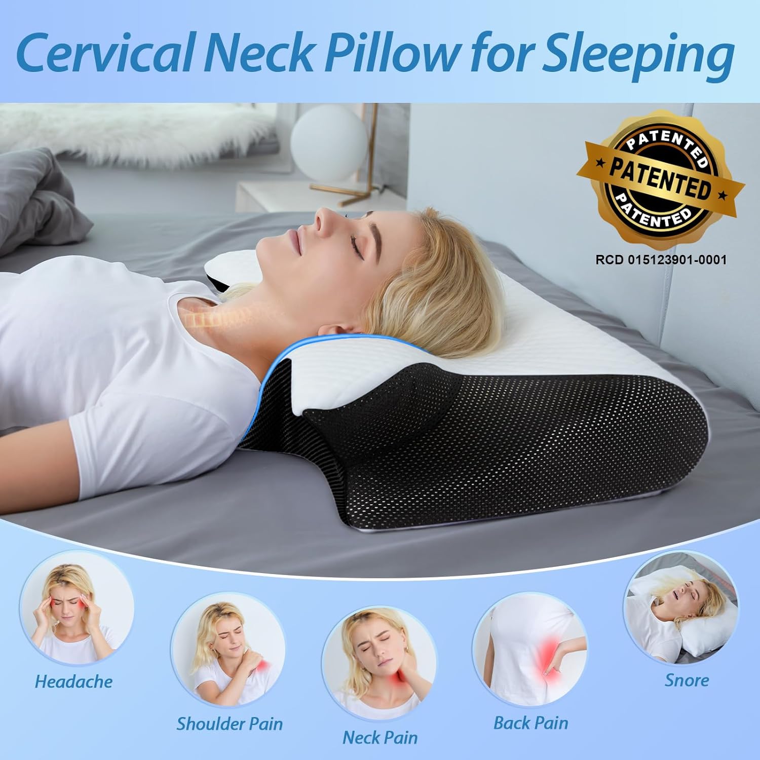 Detalle 2 de HOMCA 2-in-1 ergonomisches Nackenkissen aus Memory Foam (60x40x12/14 cm), Schwarz
