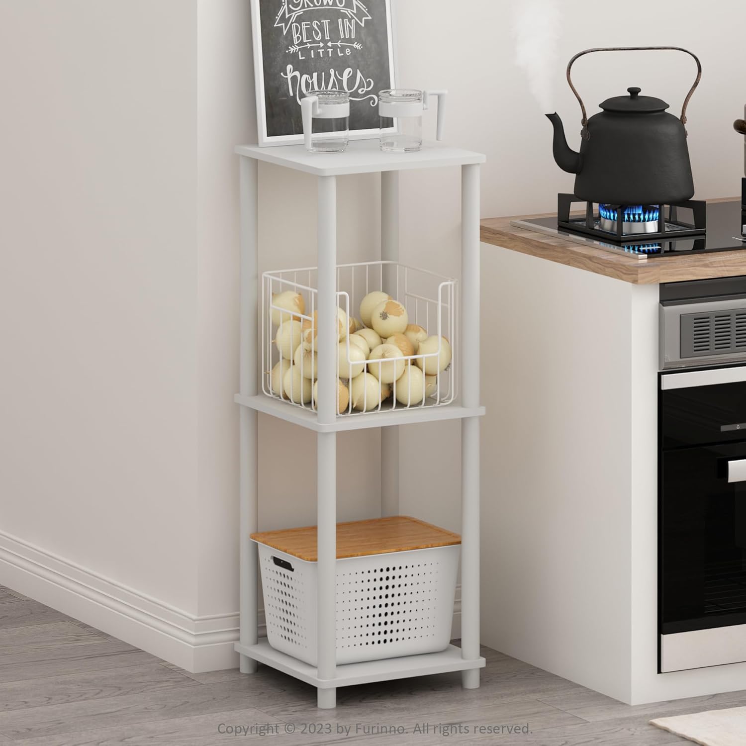 Detalle 2 de Furinno TURN-N-TUBE Tavolino Laterale Set di 2 – 2 Ripiani, Impilabili, Senza Attrezzi, Bianco