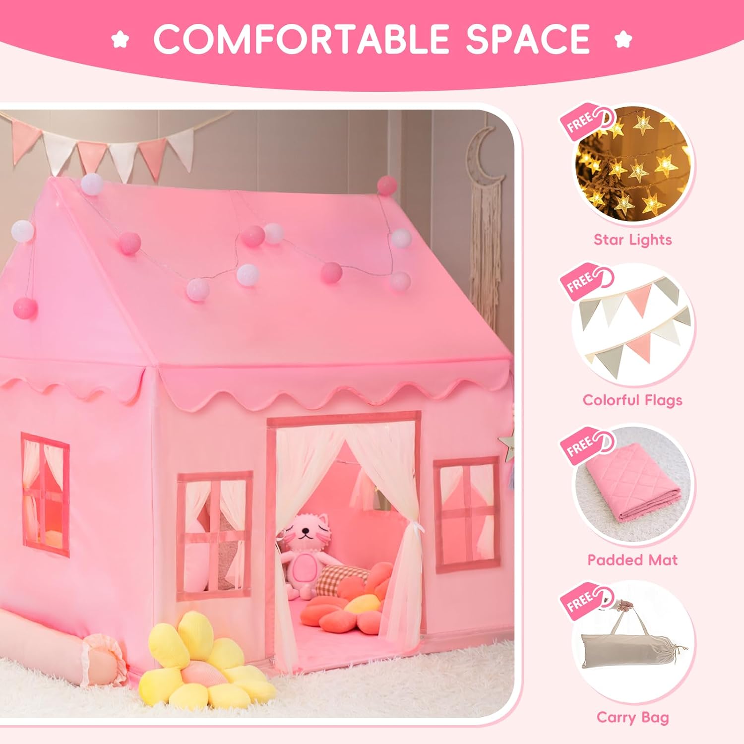 Thumbnail 2 de RONGFA Large Kids Tent Playhouse with Padded Mat and Star Lights (Pink)