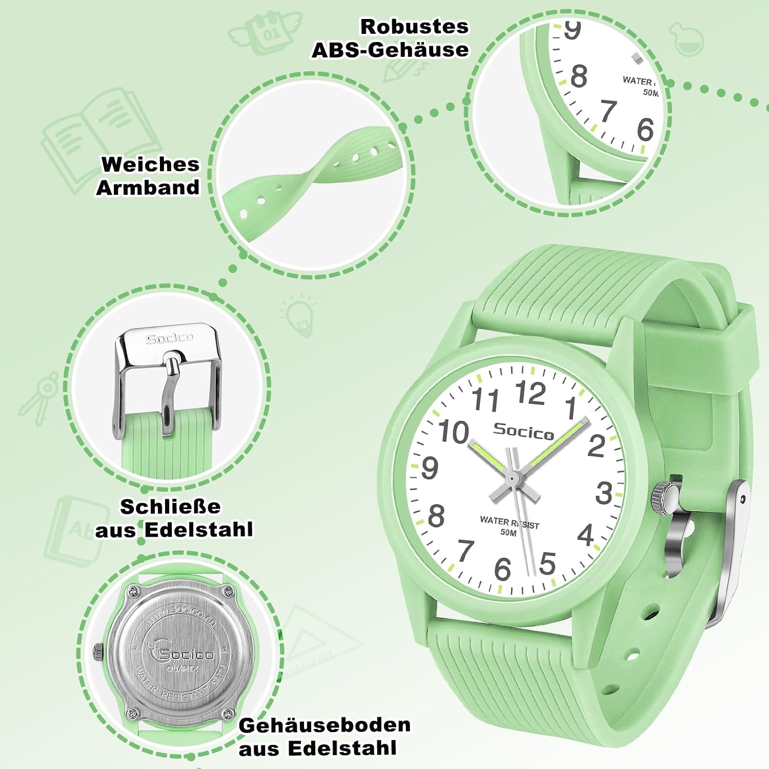 Detalle de SOCICO Kinder Uhr Analog Grün – Lernuhr für 4–12 Jahre, wasserdicht bis 50 m, weiches Band