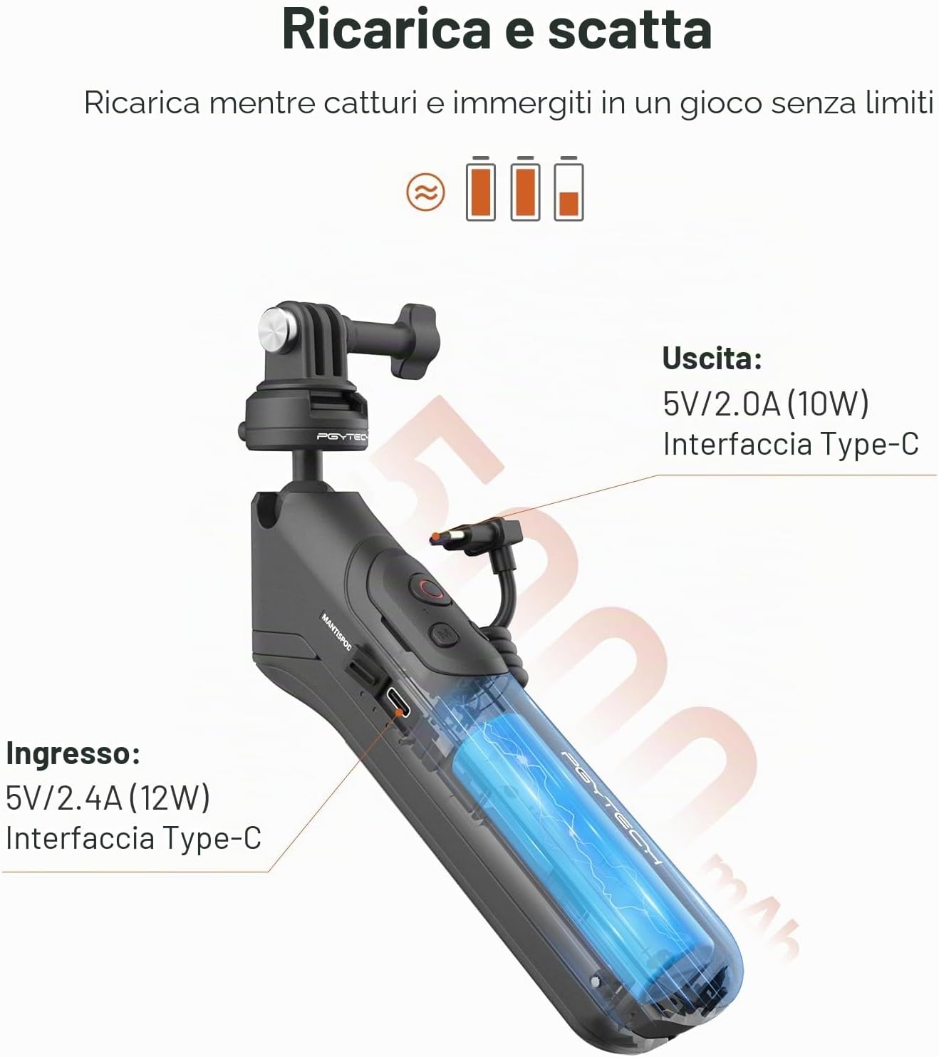 Detalle de PGYTECH CapLock MantisPod Power: Impugnatura con Batteria 5000mAh per Insta360 e Smartphone