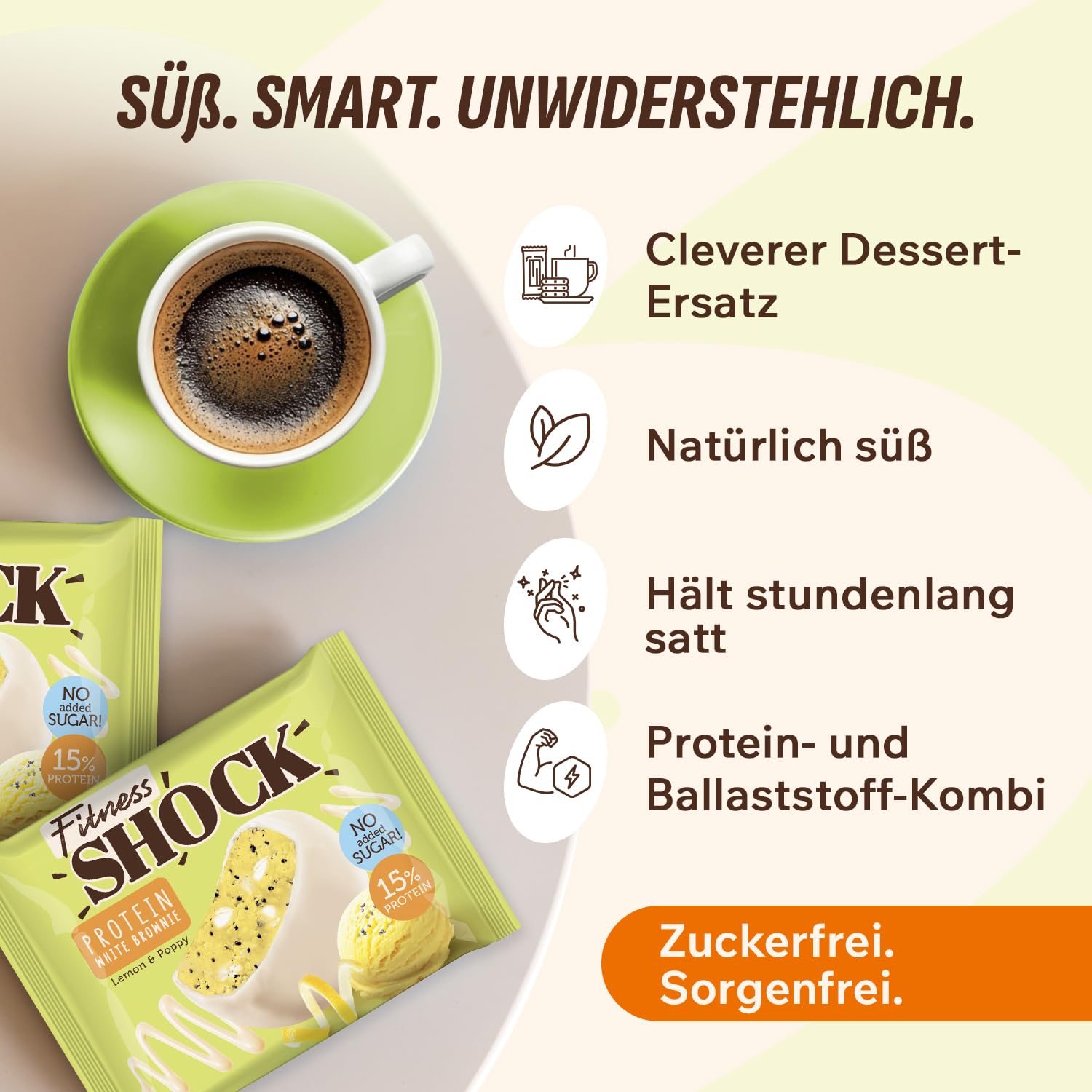 Detalle de FitnesSHOCK Protein Brownie Snack (Zitrone mit Mohnsamen) – low carb, ohne Zuckerzusatz, 15% Eiweiß