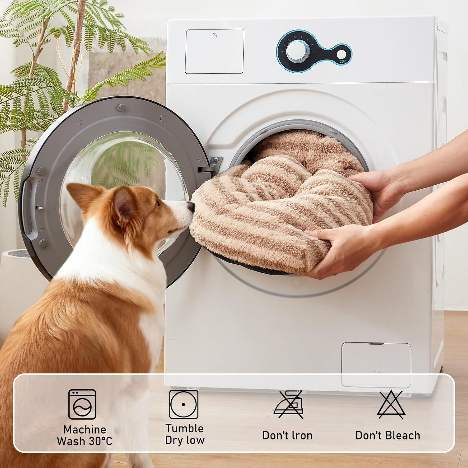 Detalle de Pawk Large Dog Bed Washable - Fluffy Plush Fur Calming Mattress (102 × 69 × 9 cm) in Brown