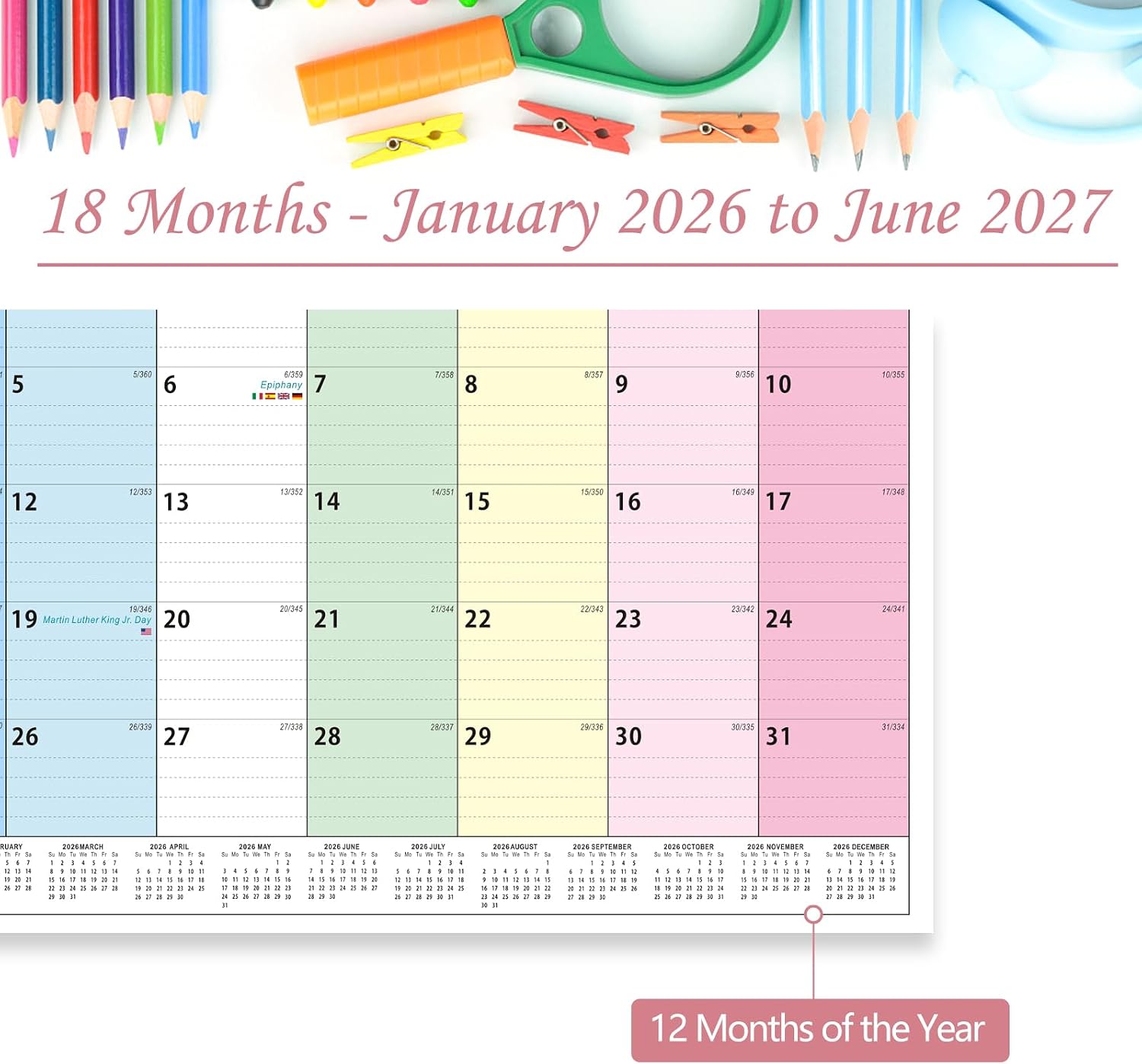 Detalle 2 de 2026 UK Family Wall Calendar (18 Month) — Jan 2026 to Jun 2027, large writing blocks