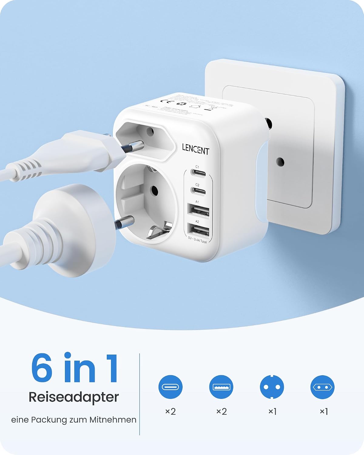 Thumbnail 6 de LENCENT Klappbarer Reiseadapter Typ D 2500W