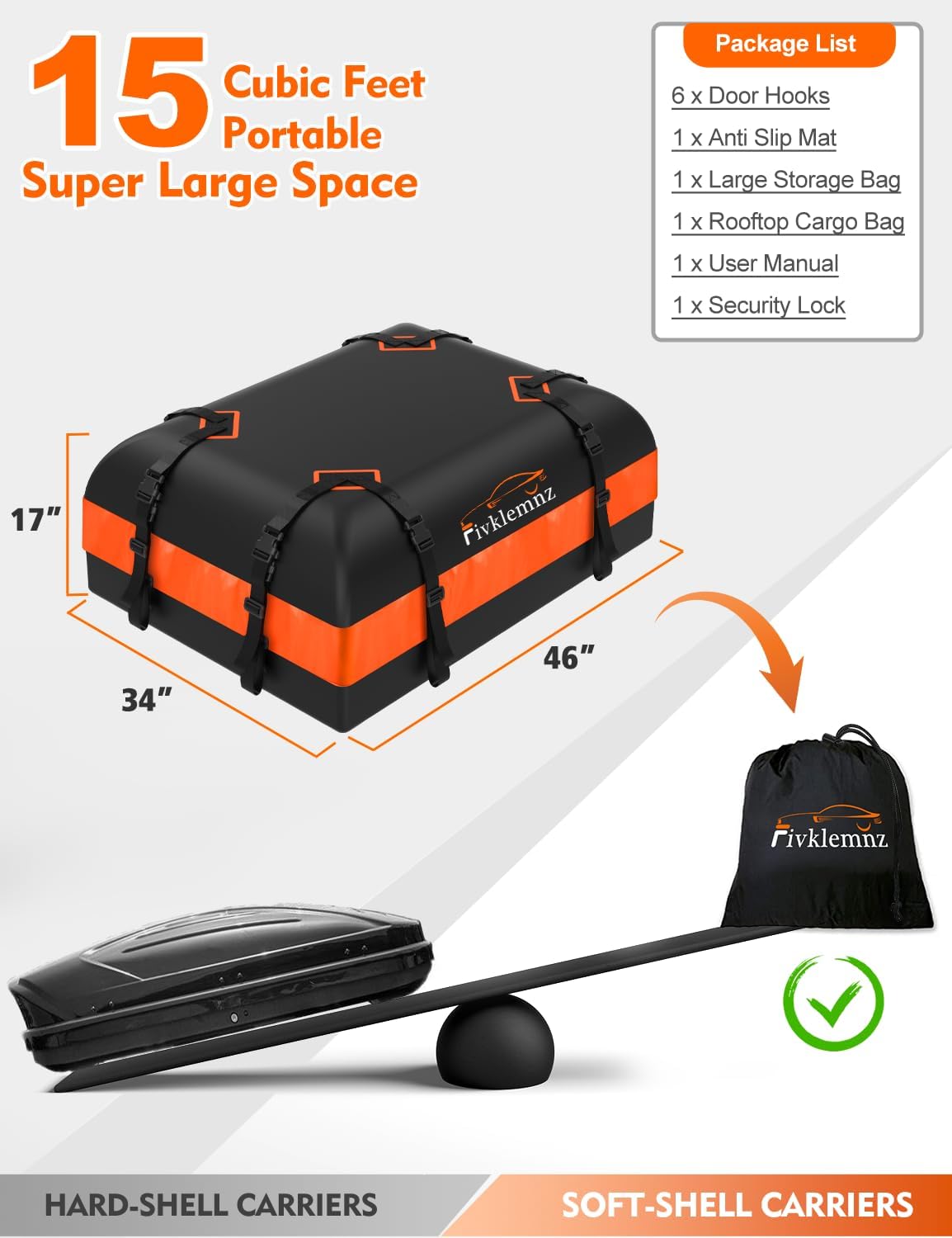 Detalle de FIVKLEMNZ Car Rooftop Cargo Carrier Roof Bag (Waterproof) with Anti-Slip Mat, Reinforced Straps, Door Hooks & Luggage Lock