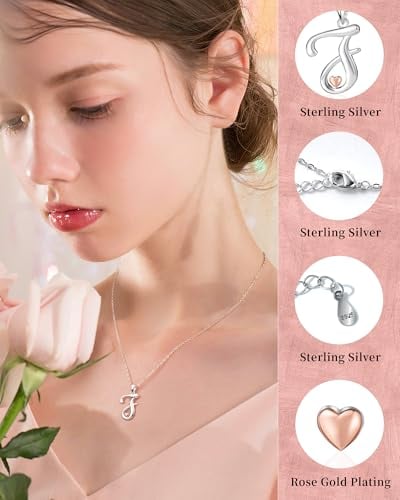 Detalle de Mesovor Collares de Plata de ley 925 con inicial y corazón en oro rosa (Letra I) — regalo personalizado para ella