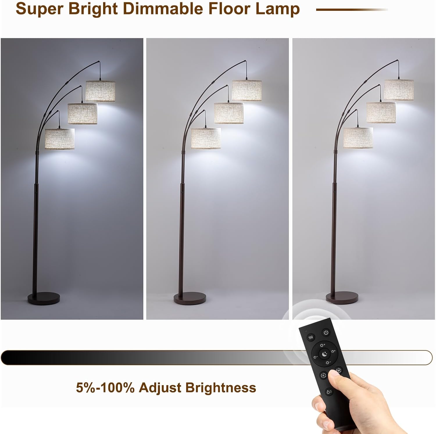 Detalle de Fansdrick 3-Light Arc Floor Lamp, 2,400 Lumens, Remote Dimming, 80-Inch