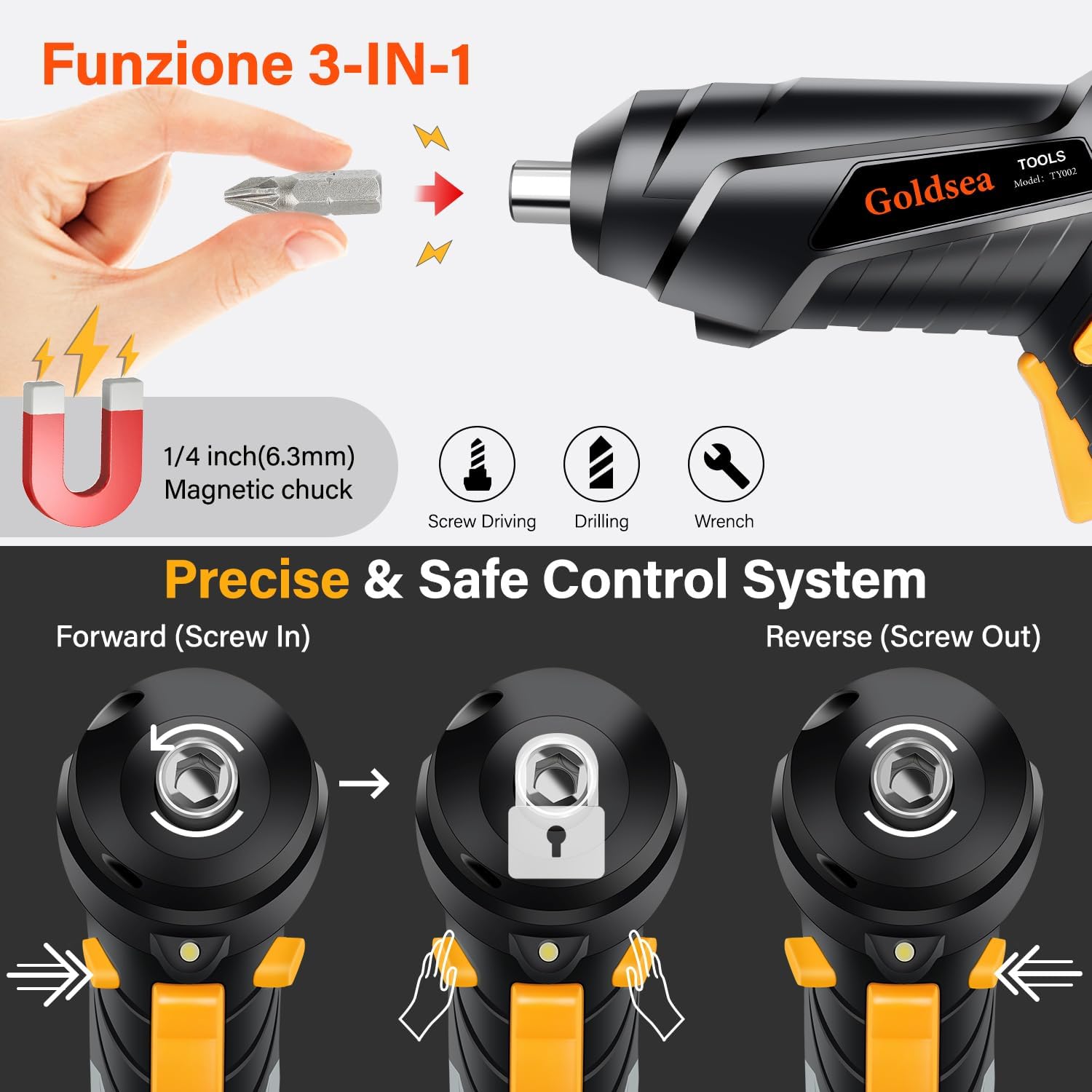 Detalle de Goldsea Avvitatore a Batteria 1.5Ah 4.2V: pratico cacciavite elettrico 90°-180° con LED, 10 punte e ricarica USB-C per fai da te domestico