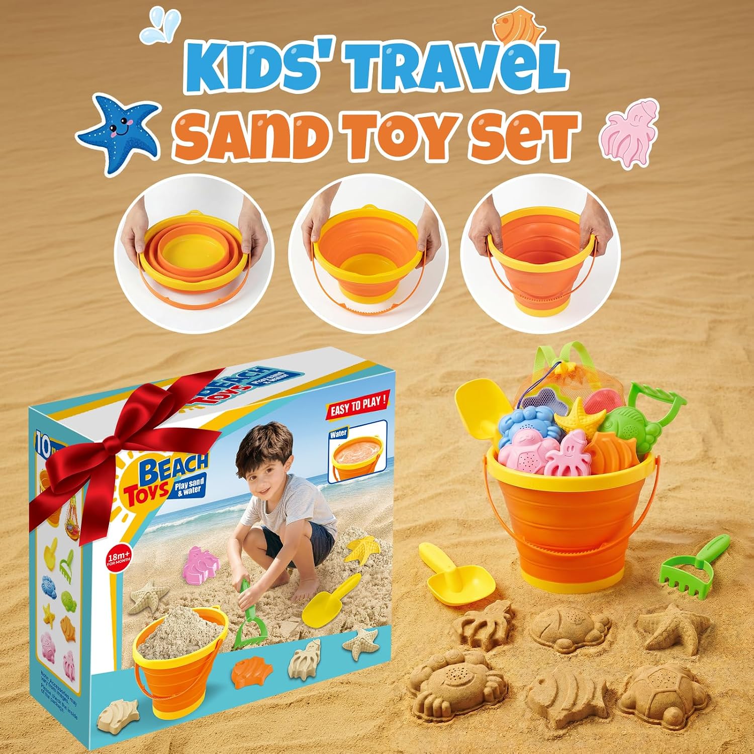 Detalle 2 de Beach Sand Toys Set for Toddlers (Sunset Orange) – Portable Travel Beach Kit