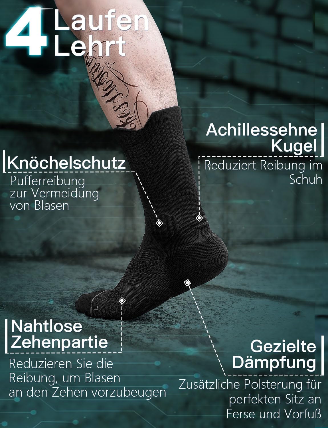 Detalle de Juclise Kompressions-Laufsocken mit Bambus Coolmax – Anti-Blasen, Wandern & Running