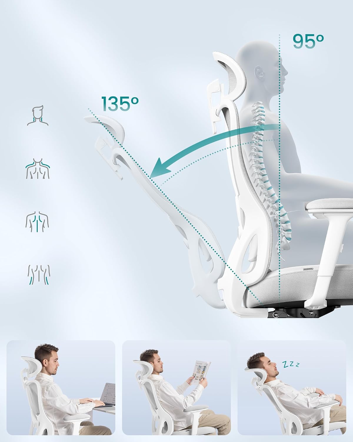 Thumbnail 3 de Sedia da ufficio ergonomica SONGMICS OBN066BH01 con supporto lombare e poggiatesta regolabili, portata fino a 150 kg