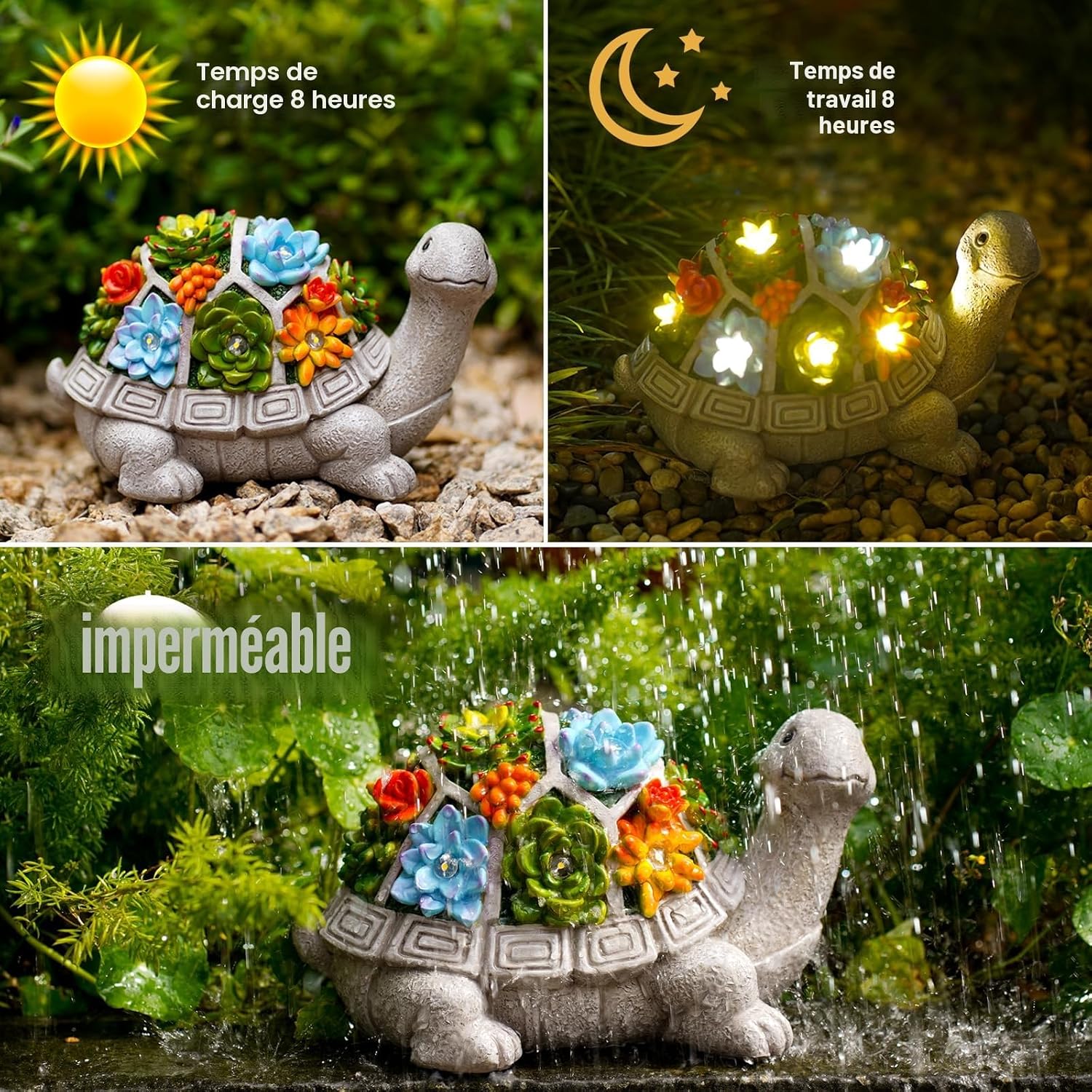 Detalle 2 de Yeomoo Figurine solaire de jardin tortue avec plantes succulentes et 7 lumières LED