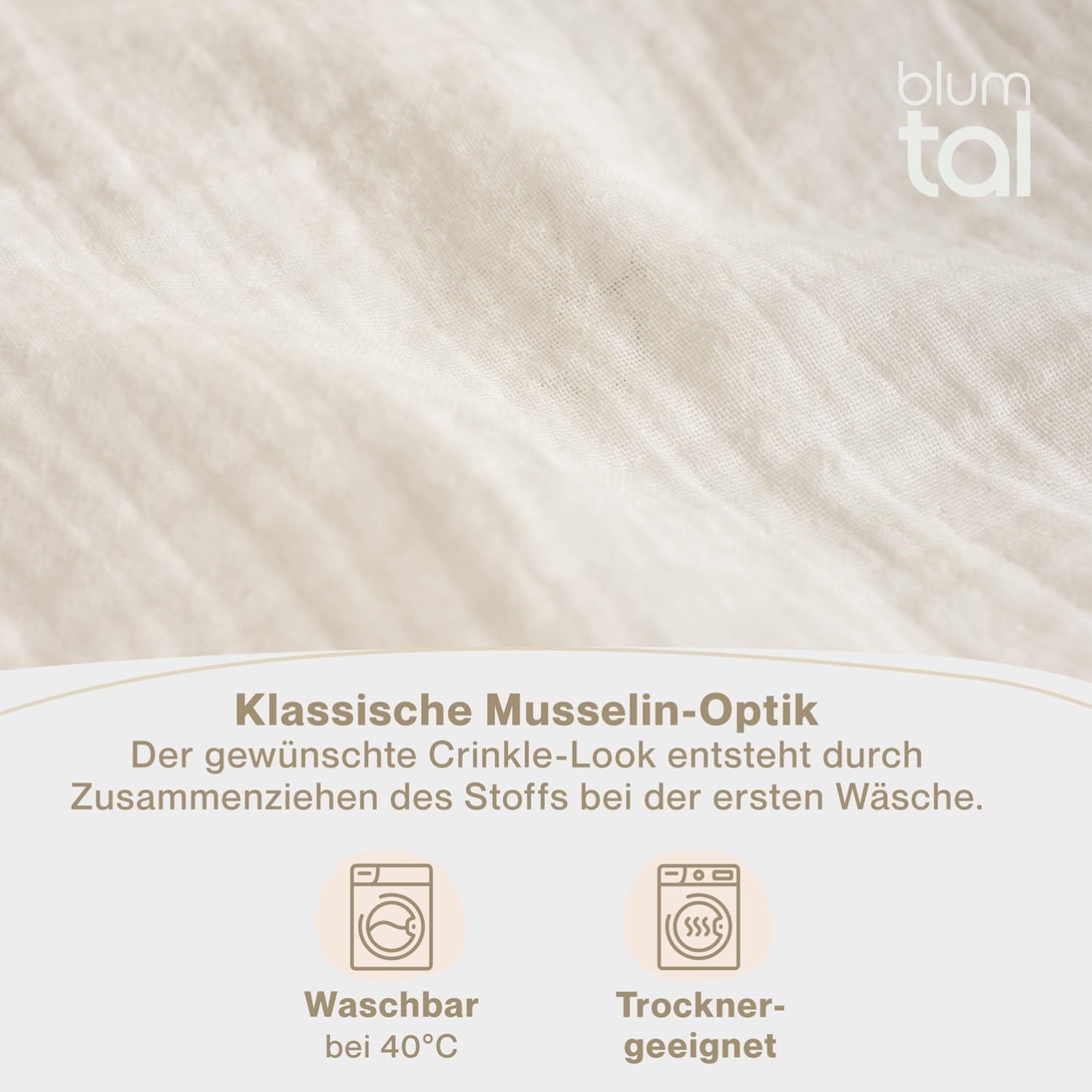 Detalle de Blumtal Musselin Bettwäsche 200x200 cm + 2x 80x80 cm – OEKO-TEX, 100% Baumwolle, beige