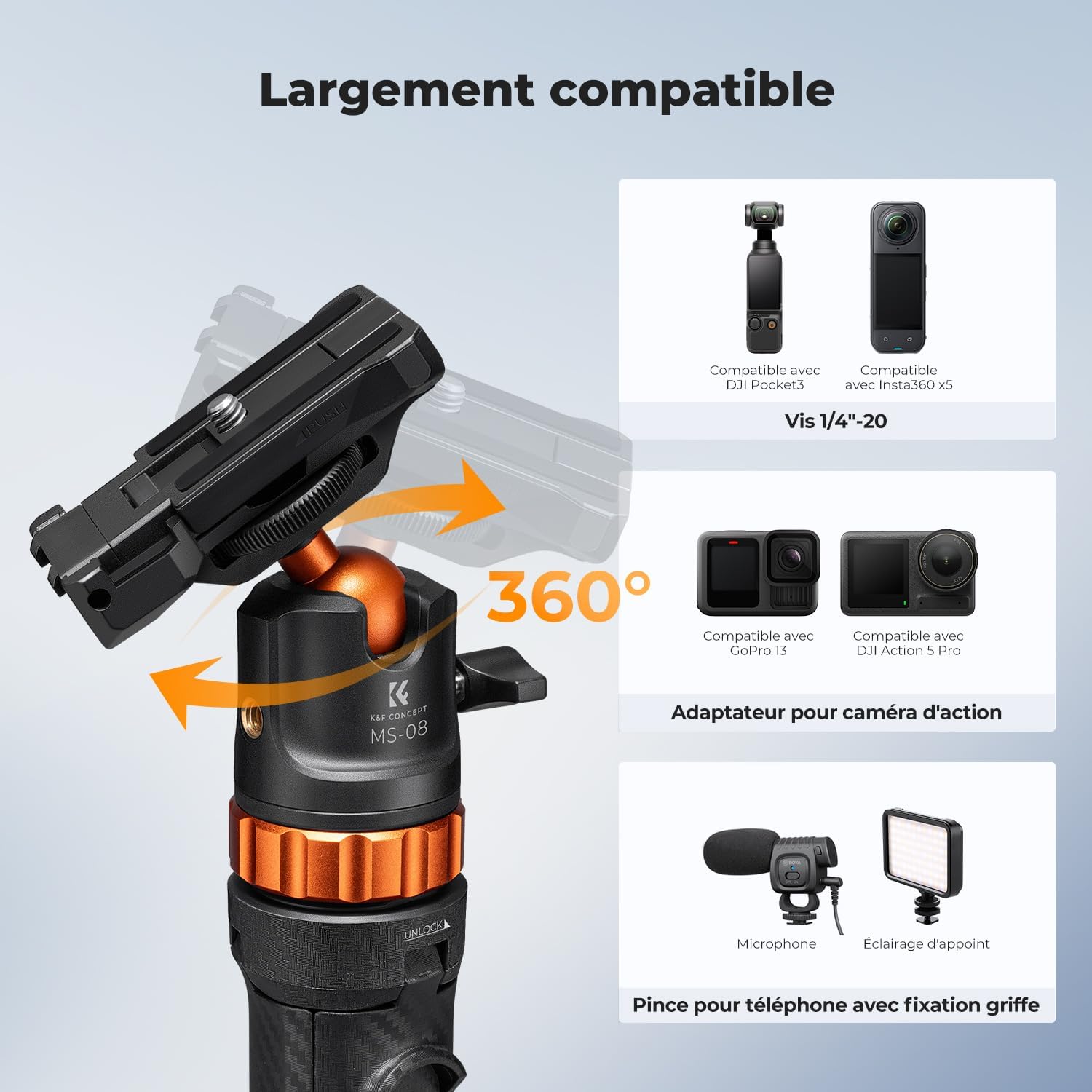 Thumbnail 3 de K&F CONCEPT Trepied Smartphone et Appareil Photo 159 cm 2-en-1 avec perche à selfie et télécommande Bluetooth