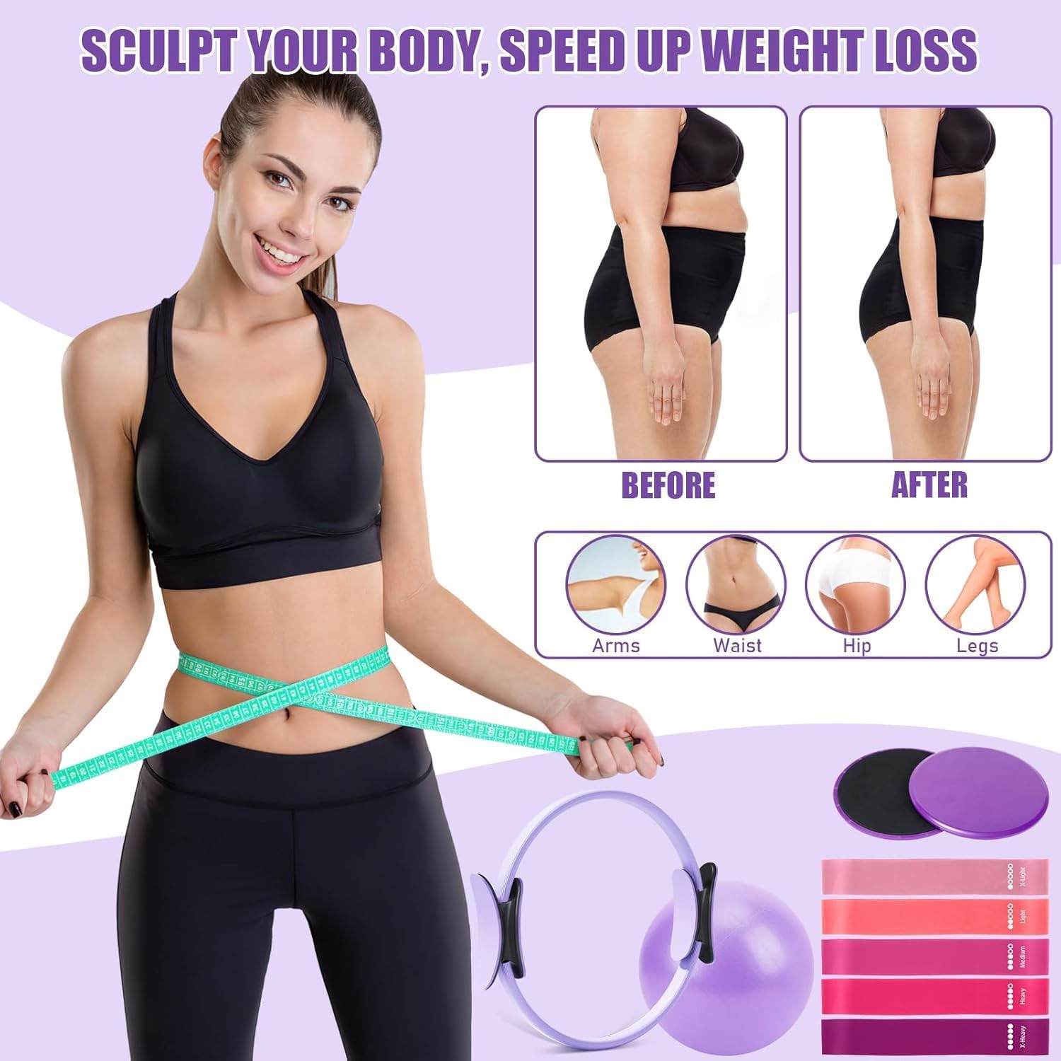 Detalle de Set di anelli da pilates – Pilates Essential Kit con 32 cm Magic Circle, palla, fasce e dischi scorrevoli