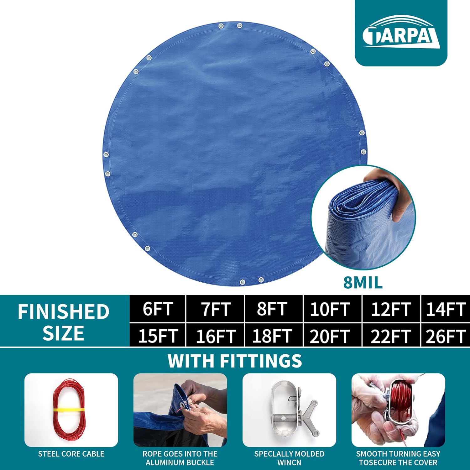 Thumbnail 6 de TARPAL 26ft Round Waterproof 8mil Poly Tarp Pool Cover (Blue/Black)