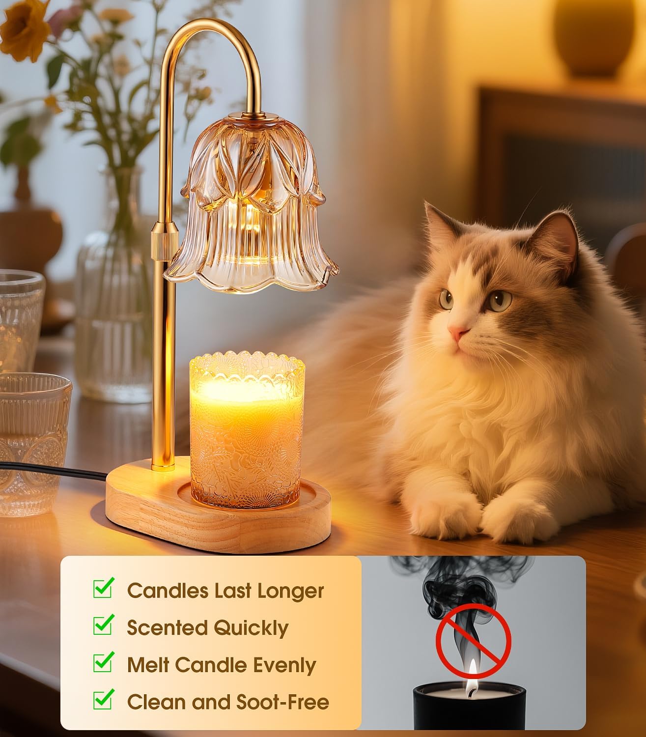 Detalle de Pfxud SY-RLD03 Candle Warmer Lamp with Flower Glass Shade, Adjustable Height and Timer