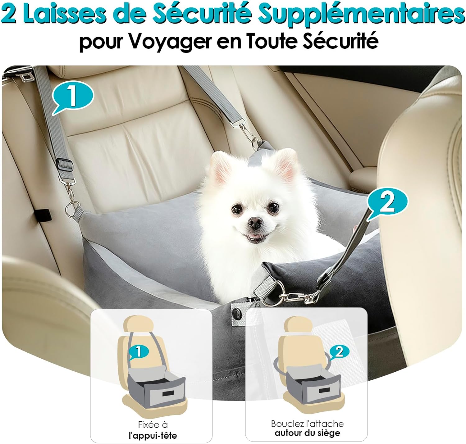 Thumbnail 3 de Siège auto chien portable Siege Auto Chien Voiture (moins de 15 kg) avec aire de repos extensible et clips de sécurité