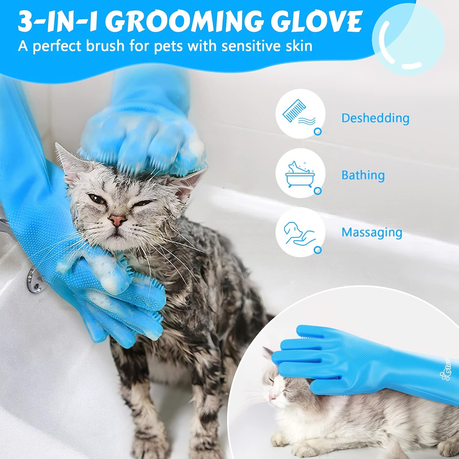 Thumbnail 1 de Pecute Pet Grooming Gloves – heat-resistant silicone grooming gloves with high-density teeth, blue
