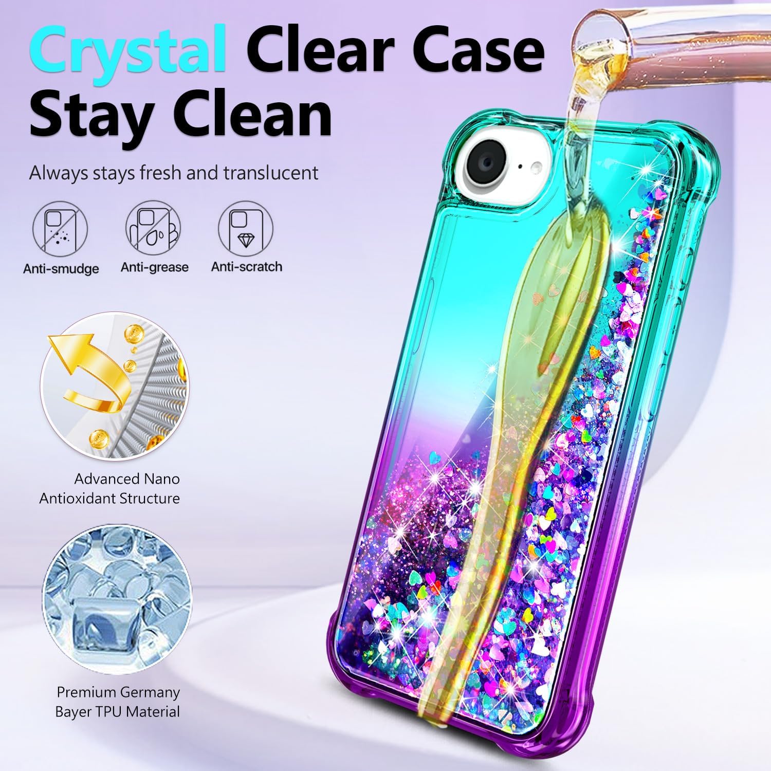 Thumbnail 3 de NGB Glitter Liquid Sparkle iPhone 16e/17e Case with Tempered Glass, Ring & Wrist Strap (Aqua/Purple)