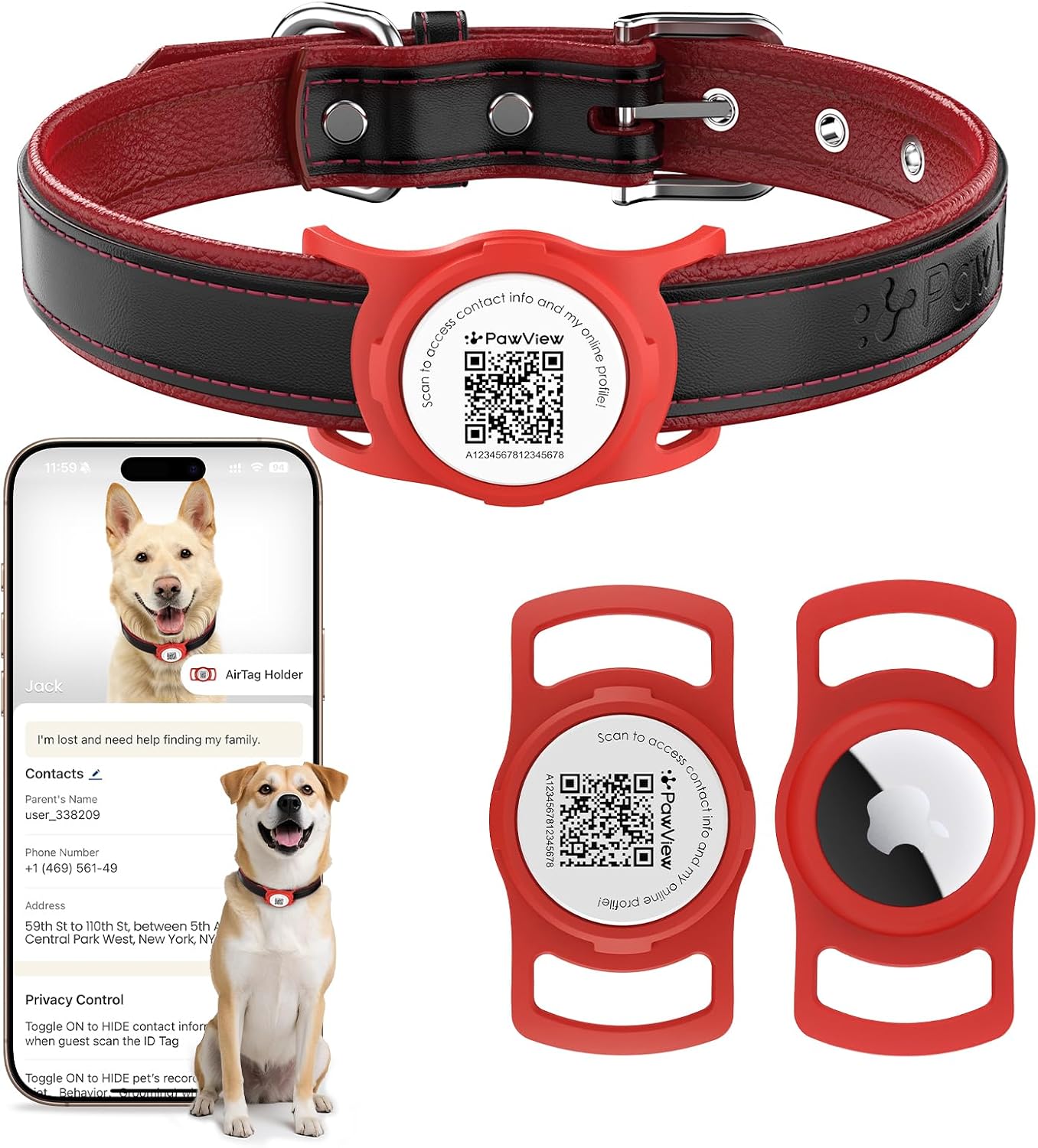 Thumbnail 4 de PawView Genuine Leather Dog Collar with AirTag Holder – Adjustable for Small Dogs (Pink)