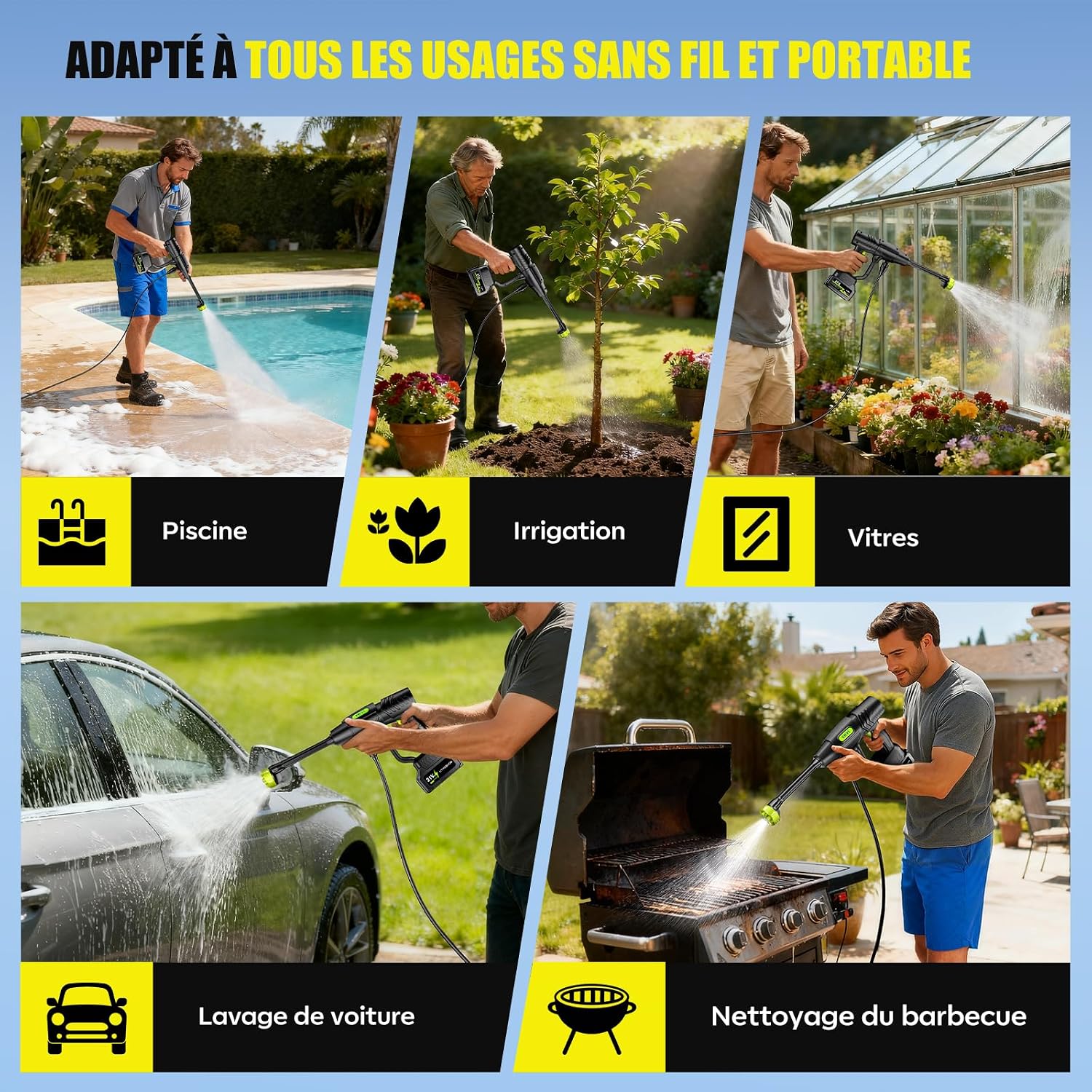 Detalle de YKYI Nettoyeur Haute Pression sans Fil 1200 PSI – 4,0 Ah, 7 m, 6-en-1, portable pour voiture et extérieur