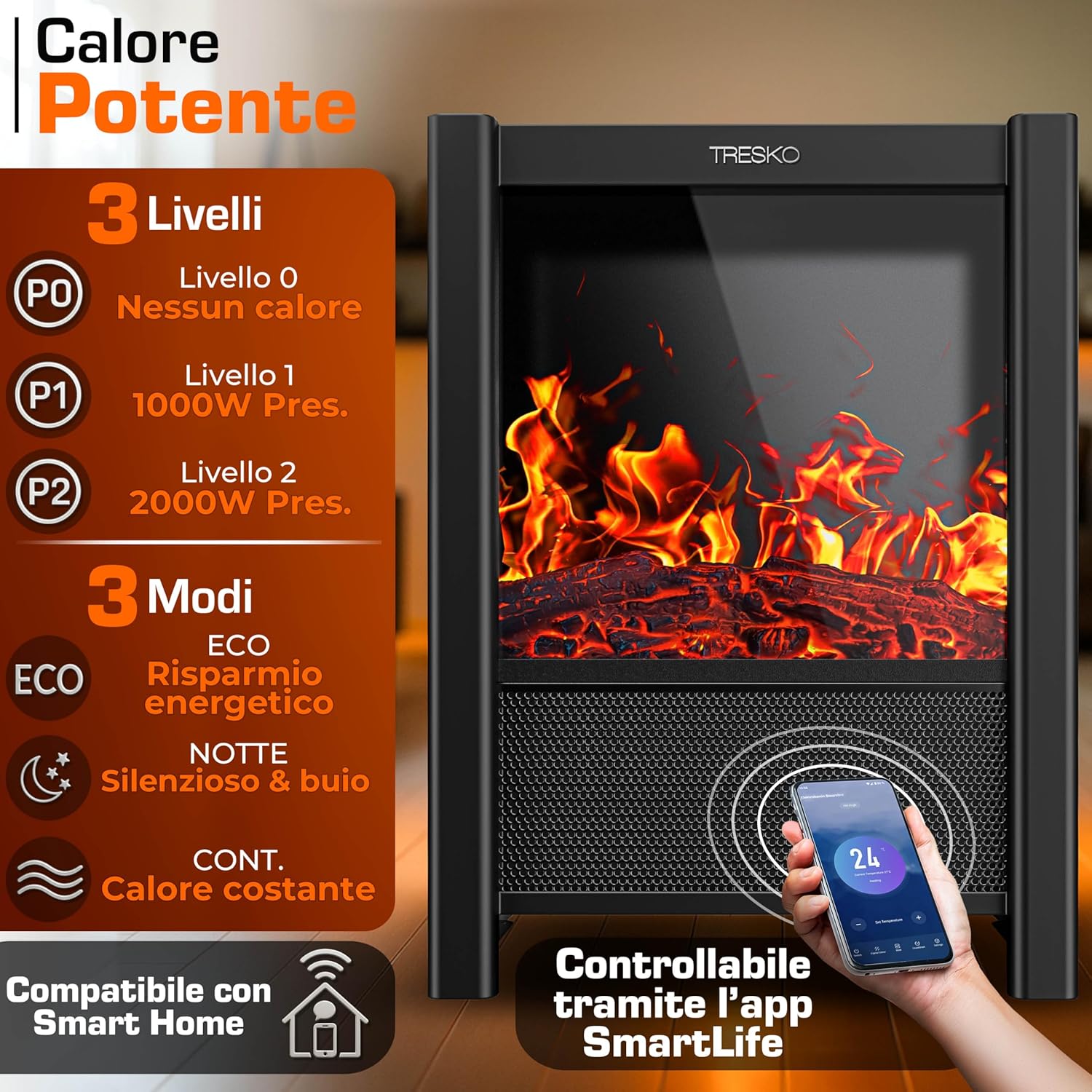 Thumbnail 3 de TRESKO SmartFire Camino Elettrico 2000 W
