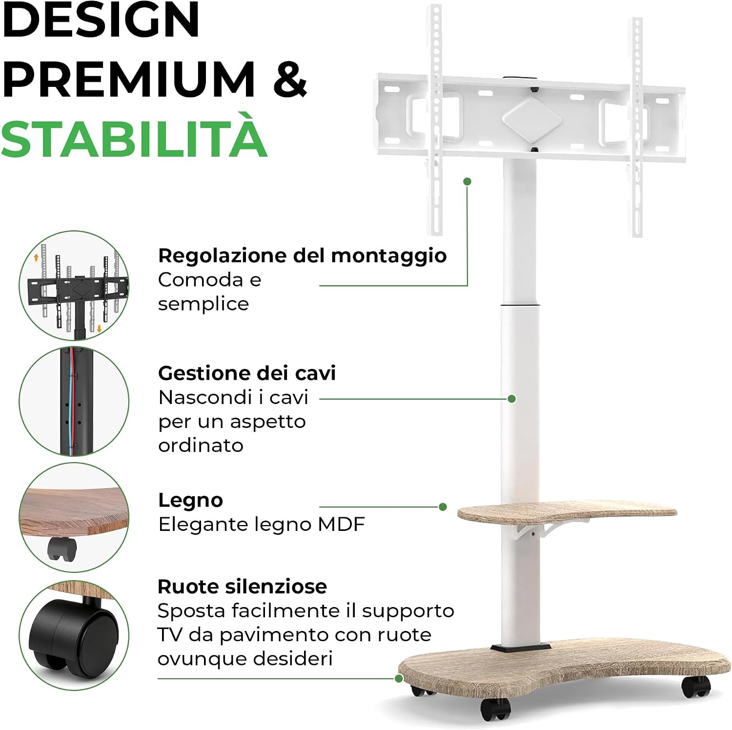 Thumbnail 4 de XTRARM Stellar supporto TV da pavimento con ripiano in legno, carrello mobile e ruote regolabili (32-70”, 45 kg, VESA fino a 600x400)