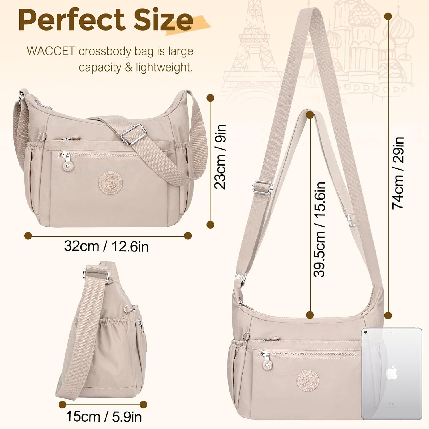 Thumbnail 2 de WACCET Borsa a Tracolla da Donna – Grande, Impermeabile, Multi‑tasche