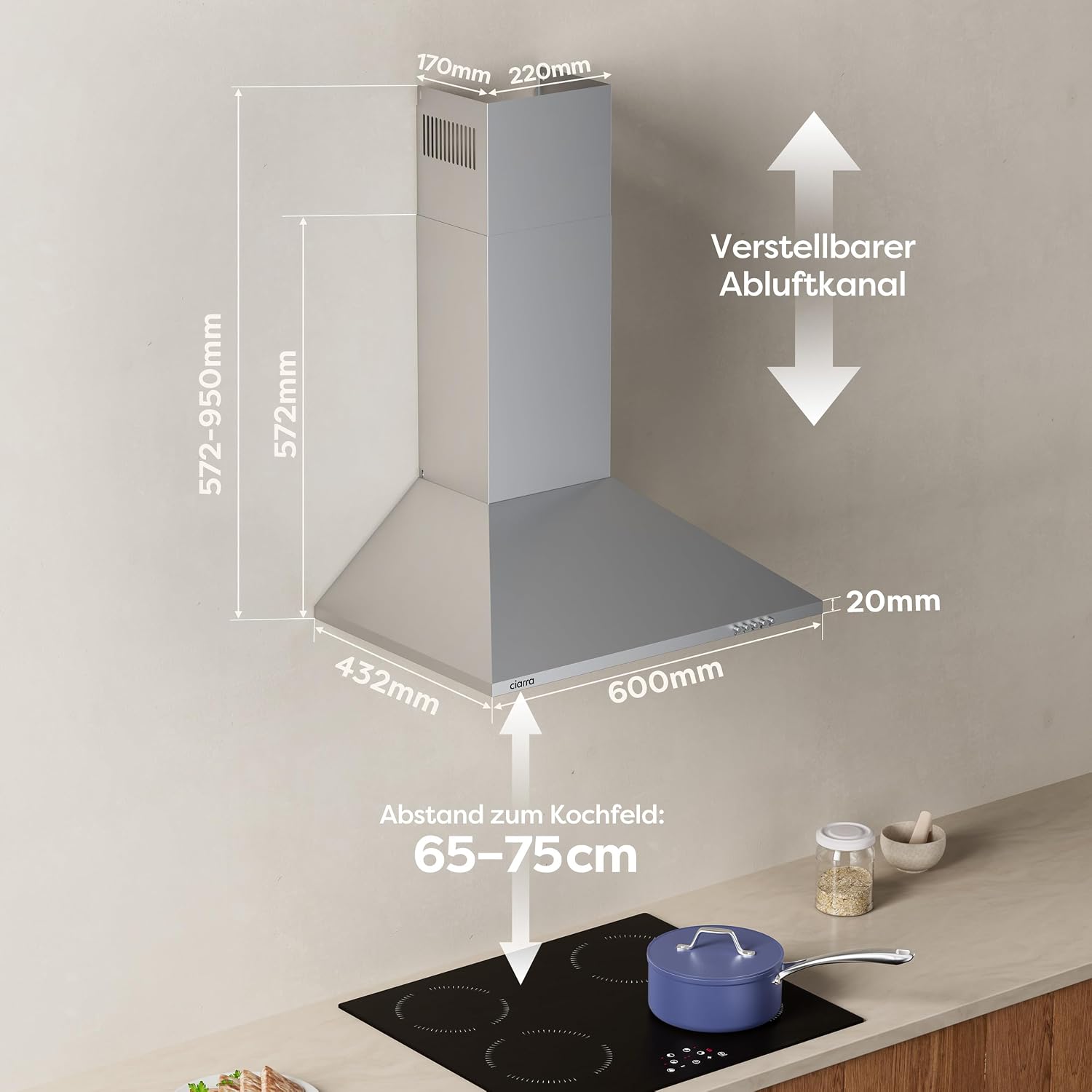 Detalle de CIARRA CBCS6201 A++ Dunstabzugshaube 60 cm – Pyramide aus Edelstahl, Umluft & Abluft