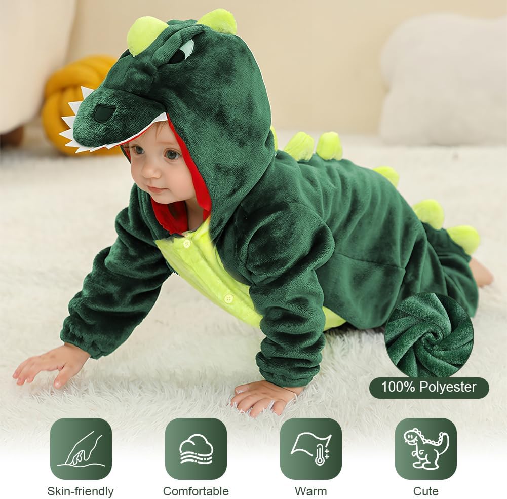 Detalle 2 de Costume da dinosauro AYBUY per bambino con cappuccio e tuta (verde, unisex)