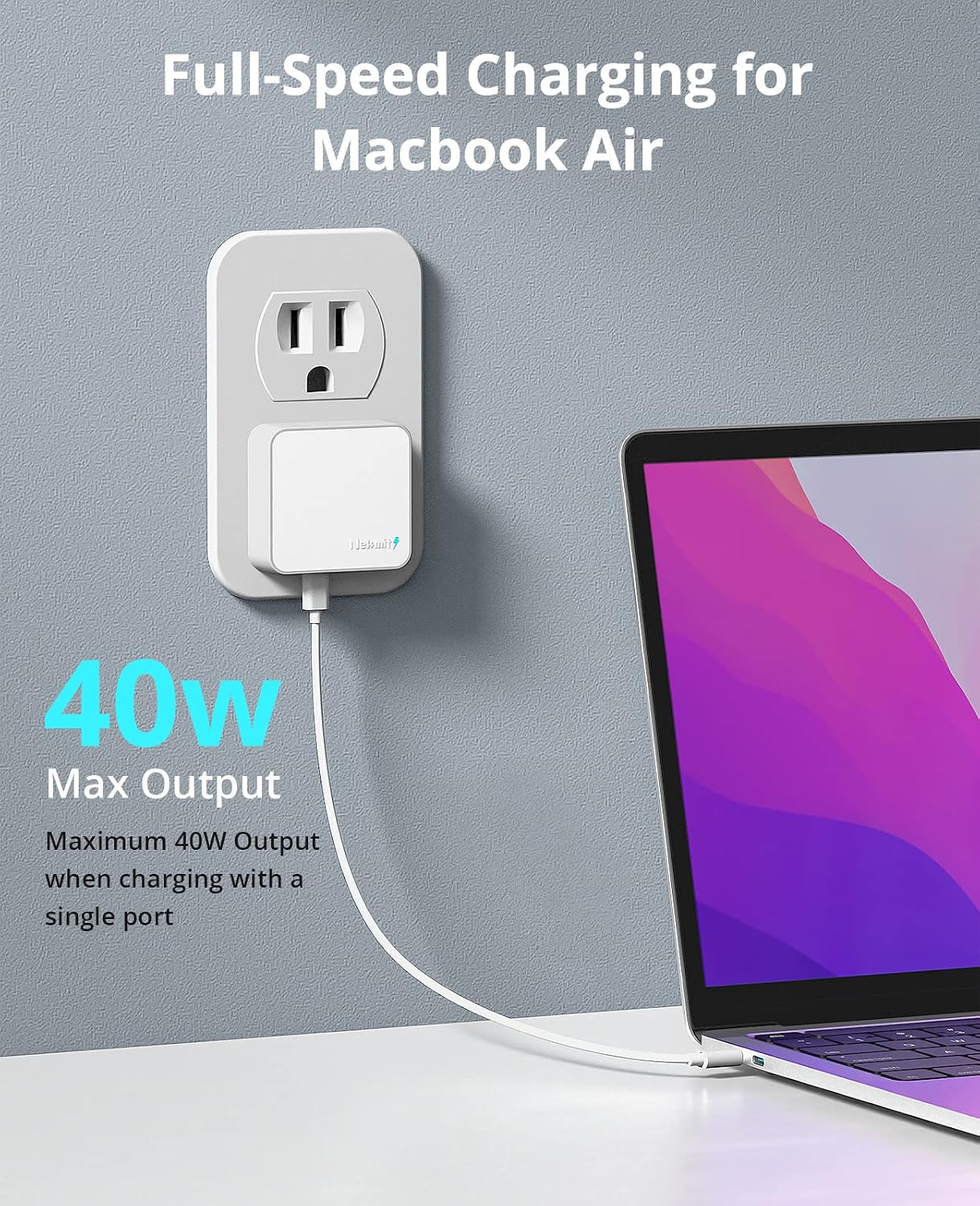 Detalle de Nekmit Dual Port 40W USB-C Wall Charger with GaN II | 2 PD Ports for iPhone, MacBook Air, Galaxy & More