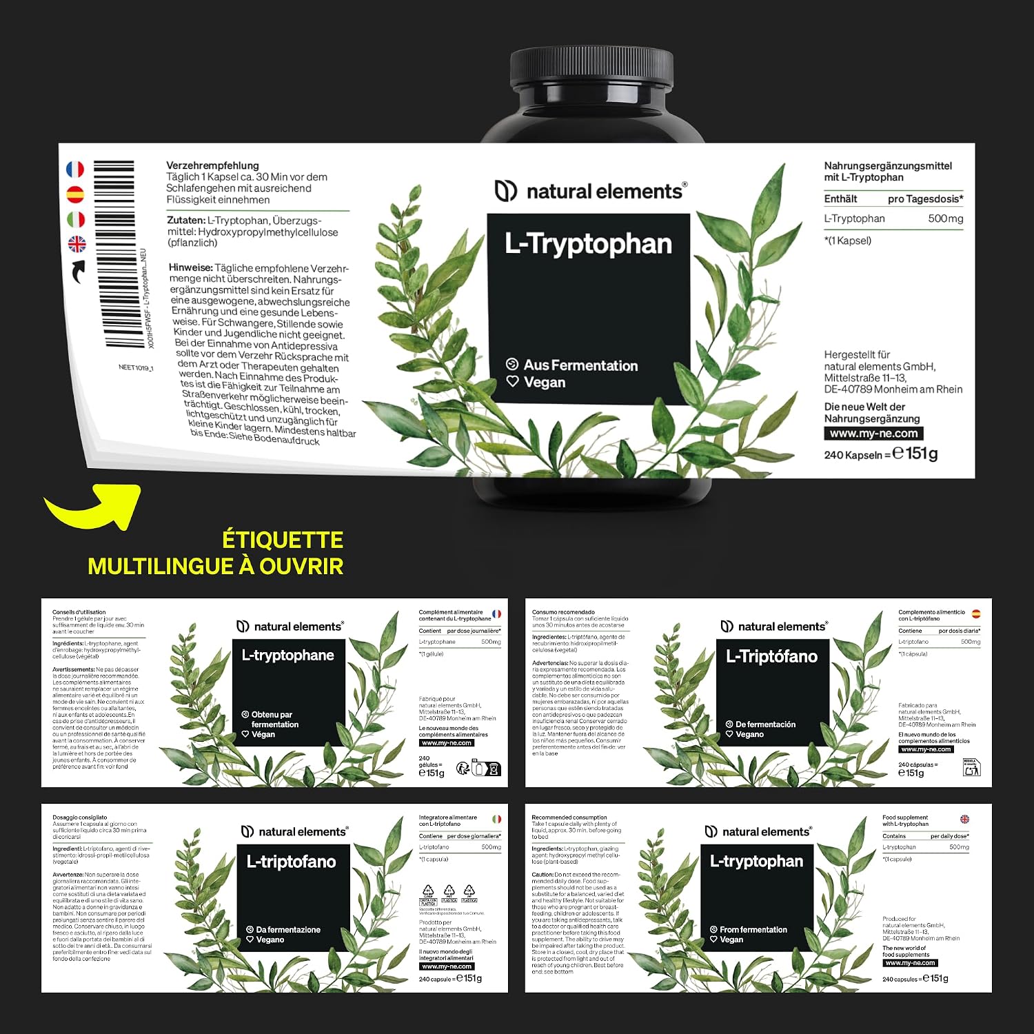 Thumbnail 5 de L-Tryptophane 500 mg en gélules végétales – 240 capsules pour favoriser un sommeil plus serein