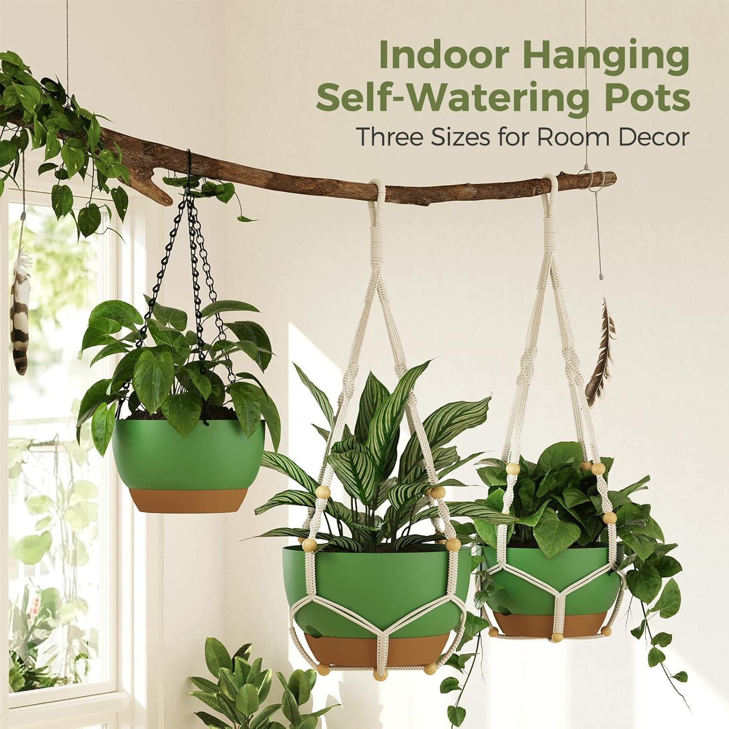Detalle 2 de Bamworld 3-Pack Macramé Plant Hangers with Chain – self-watering hanging planters with drainage holes