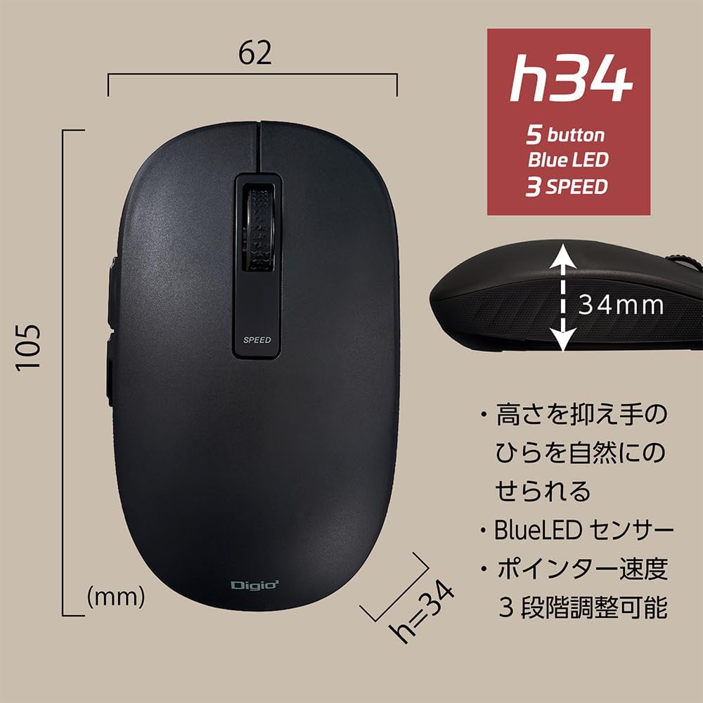 Detalle de ナカバヤシ Digio2 Z0190 ワイヤレスマウス 静音5ボタン BlueLED ピンク 高さ34mm