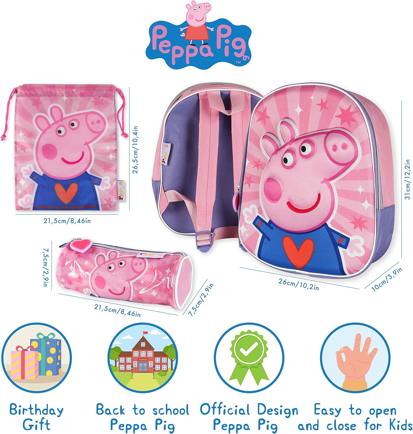 Detalle de Zaino Scuola Elementare Bambina 3D Peppa Pig con astuccio e zainetto | Pacchetto ritorno a scuola