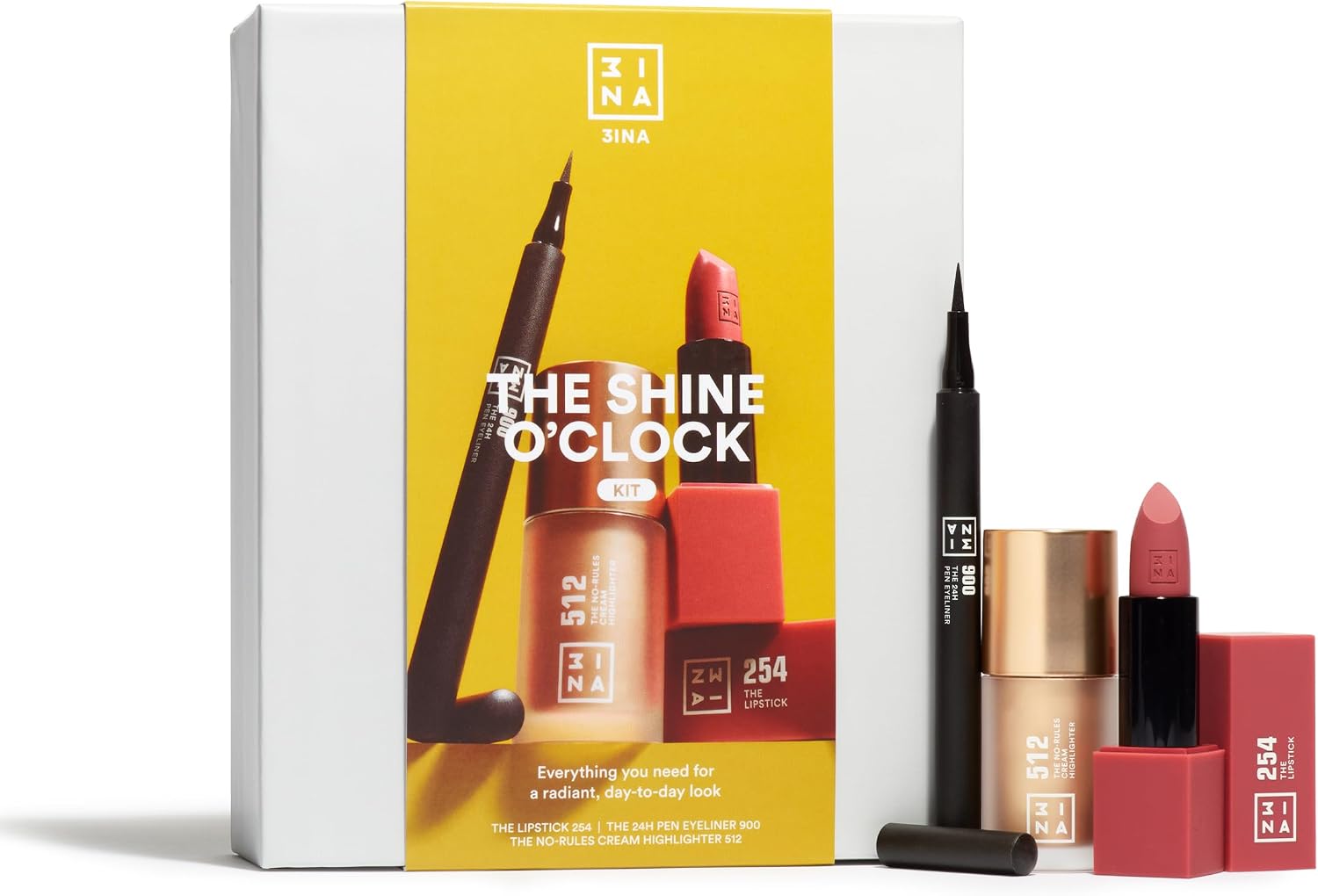 Detalle de 3INA The Shine O'Clock Kit – zestaw do makijażu z eyelinerem, pomadką i rozświetlaczem