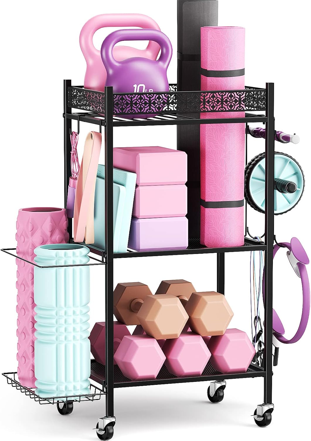 Detalle de VOPEAK Yoga Mat Storage Rack, 3-Tier Metal Organizer with Locking Wheels